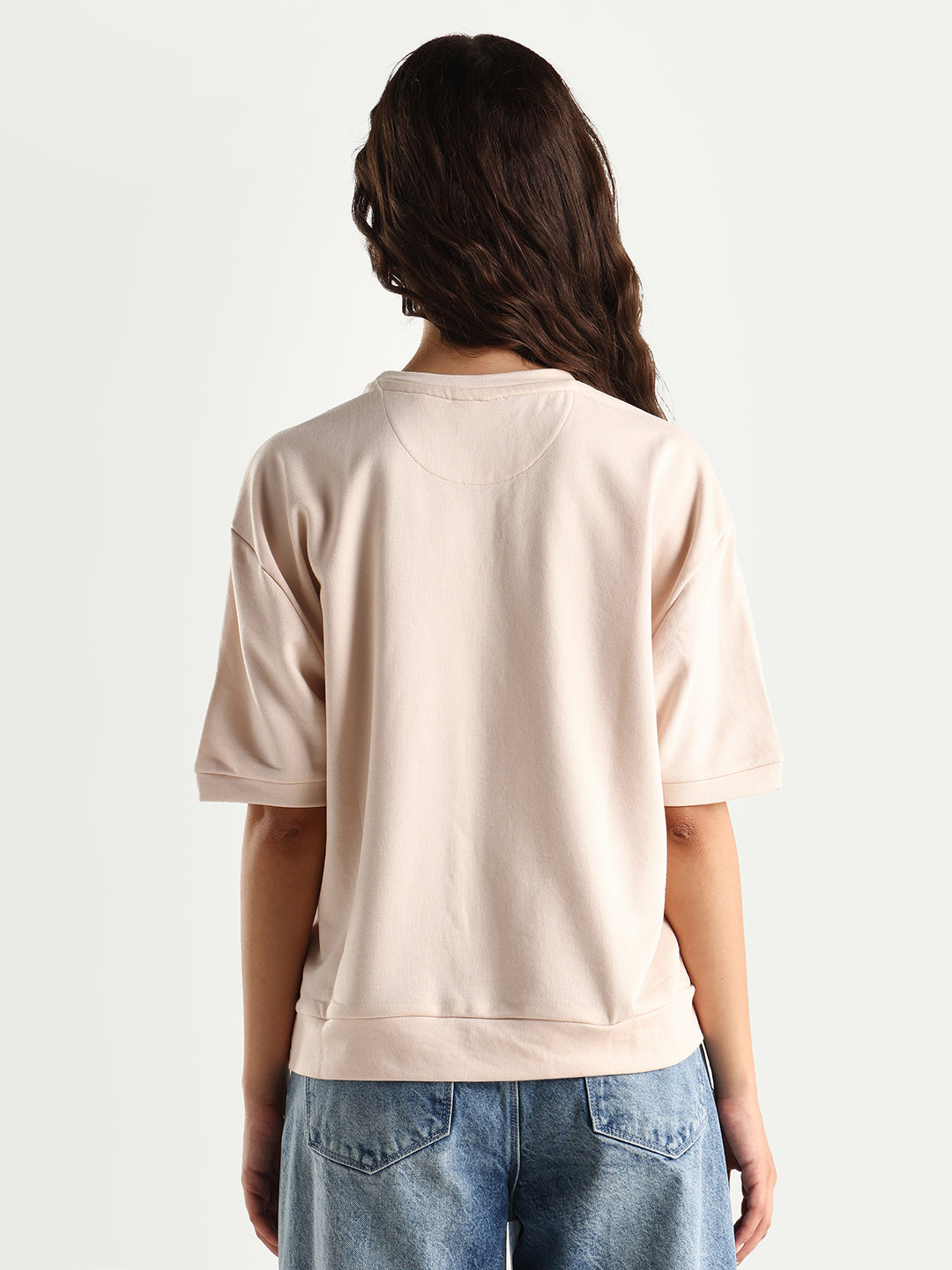 Rareism Women's Medium Weight Terry 290 Gsm Cotton Crew Neck Plain Relaxed Fit Sweat Tee