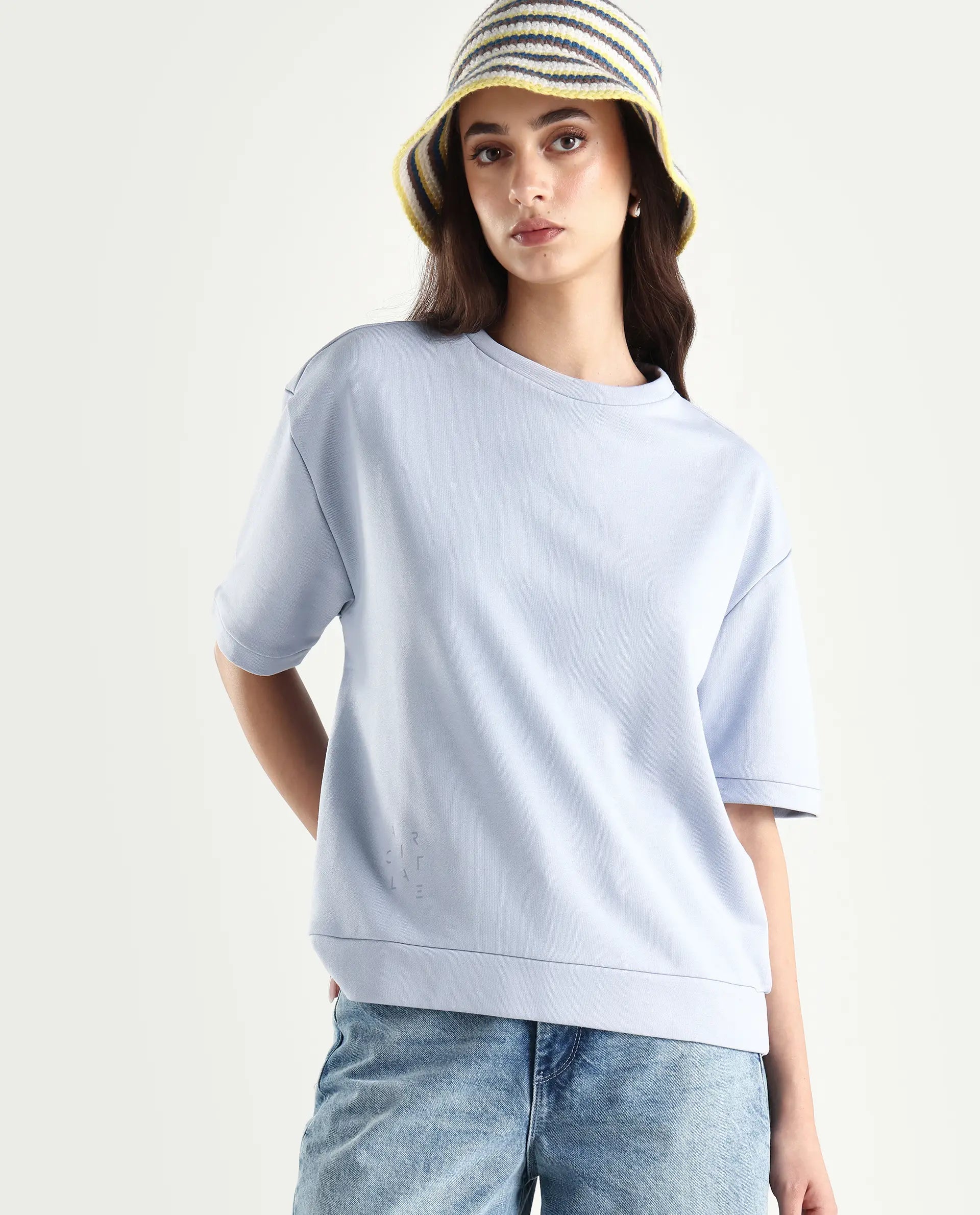 Rareism Women's Medium Weight Terry 290 Gsm Cotton Crew Neck Plain Relaxed Fit Sweat Tee