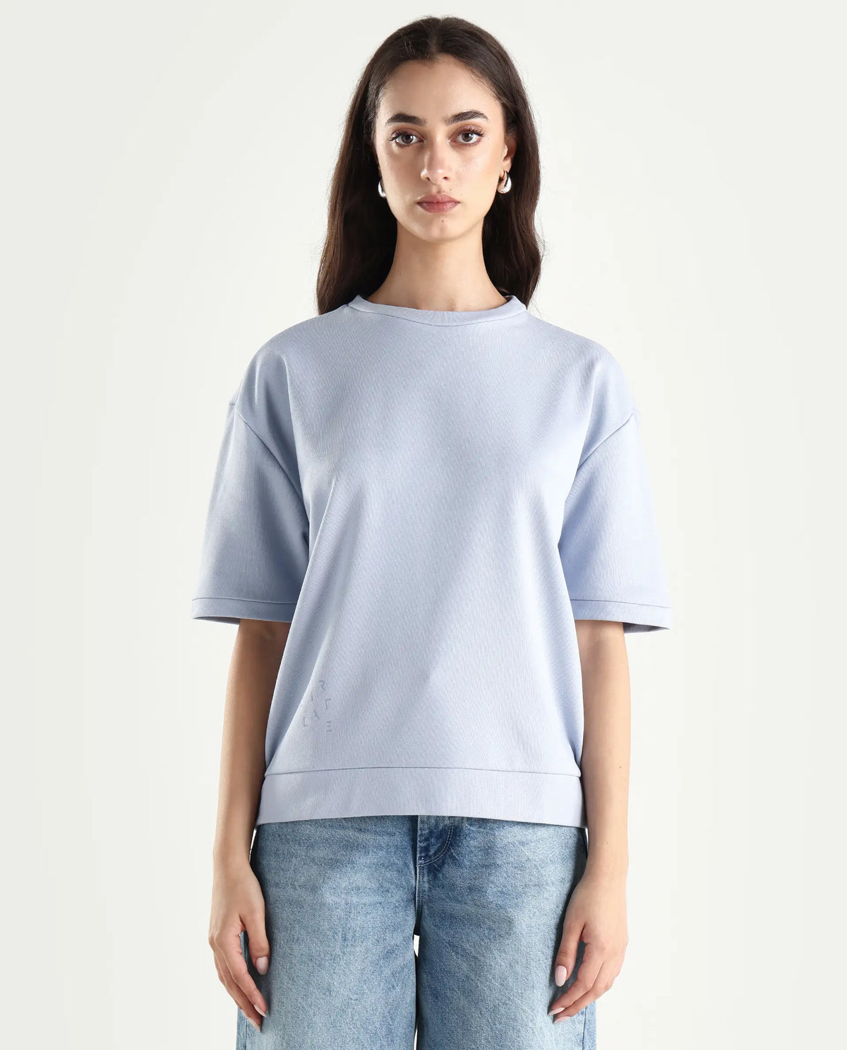 Rareism Women's Medium Weight Terry 290 Gsm Cotton Crew Neck Plain Relaxed Fit Sweat Tee