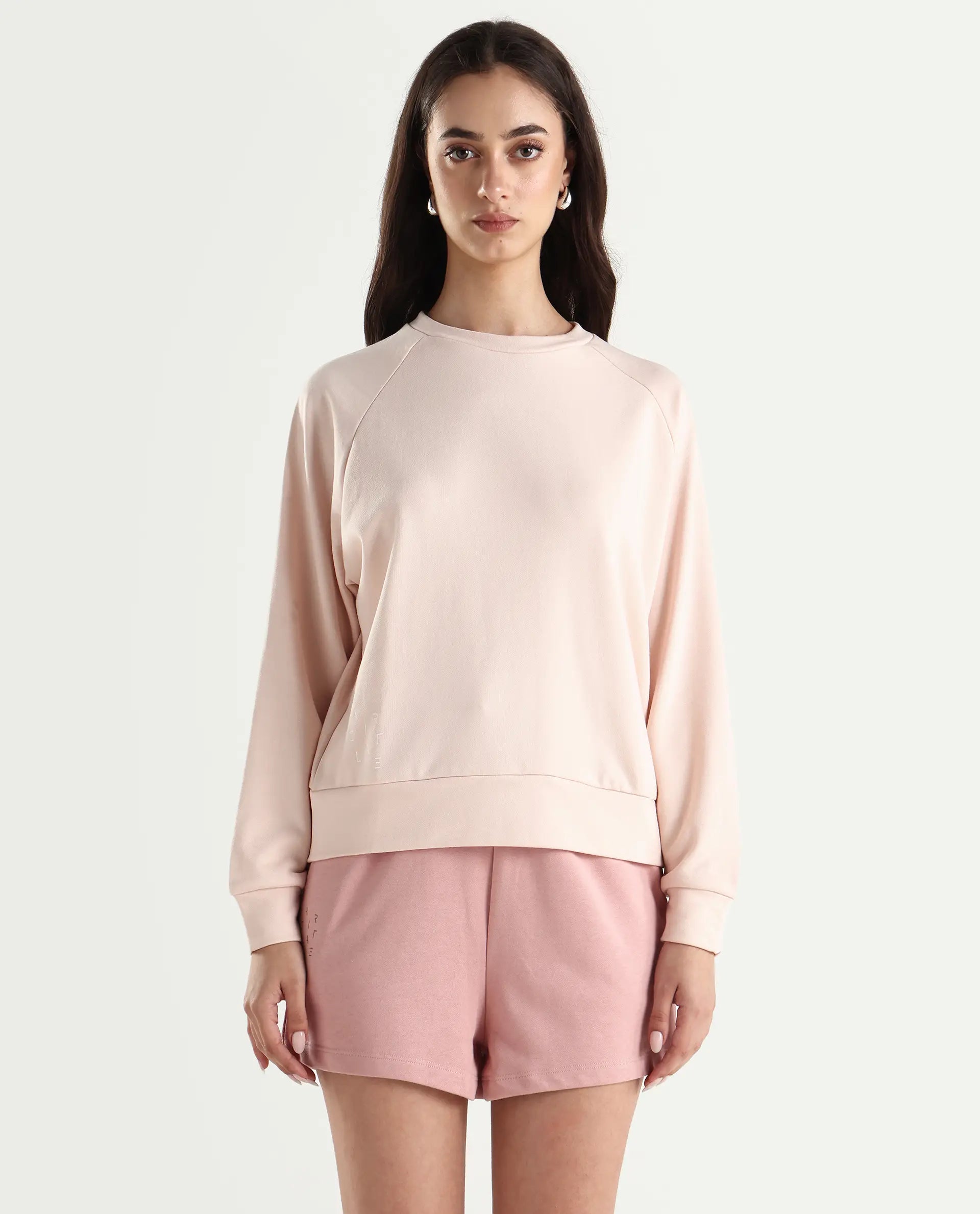 Rareism Women's Medium Weight Terry 290 Gsm Cotton Blend Crew Neck Plain Cuffed Sleeve Relaxed Fit Sweatshirt