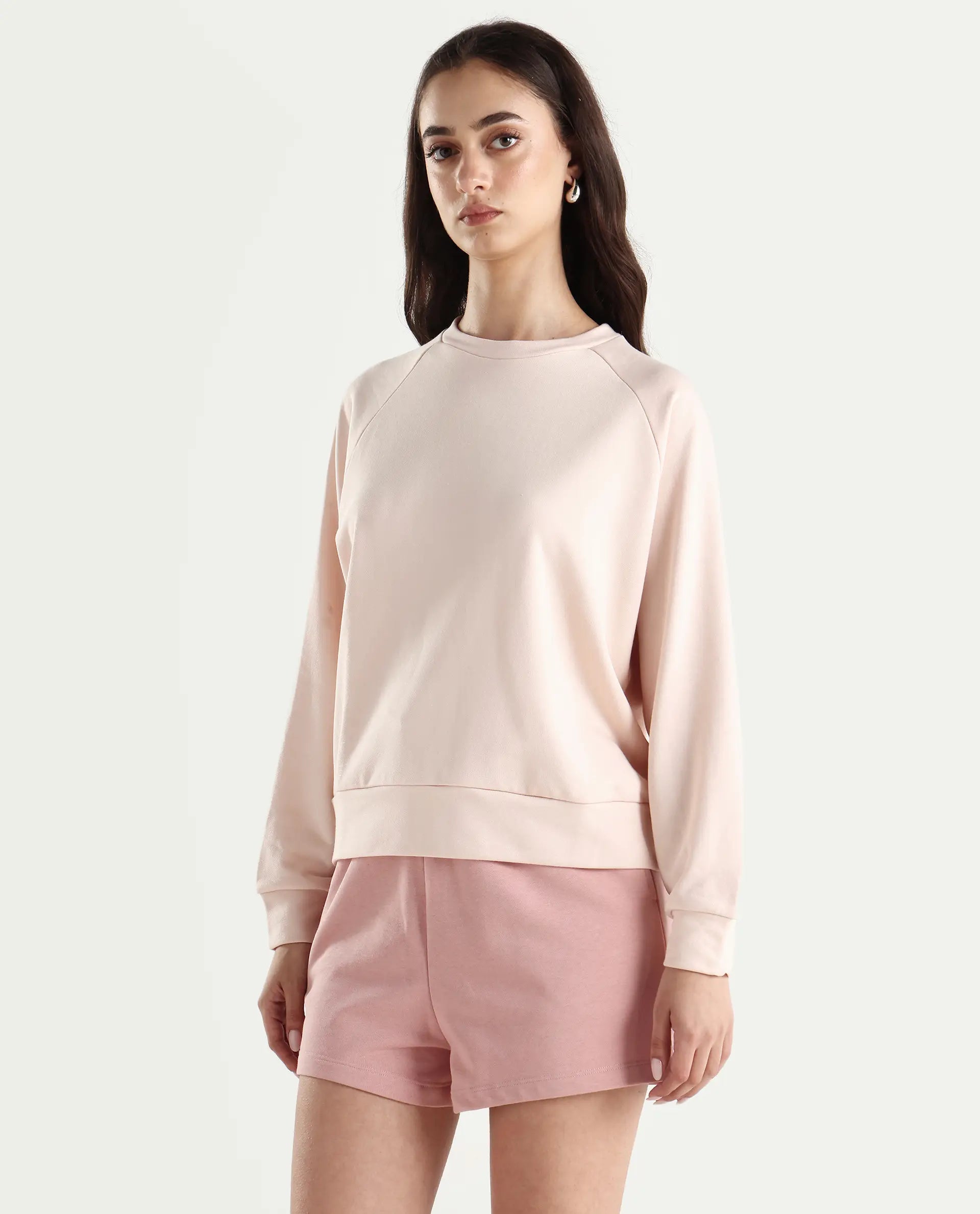 Rareism Women's Medium Weight Terry 290 Gsm Cotton Blend Crew Neck Plain Cuffed Sleeve Relaxed Fit Sweatshirt