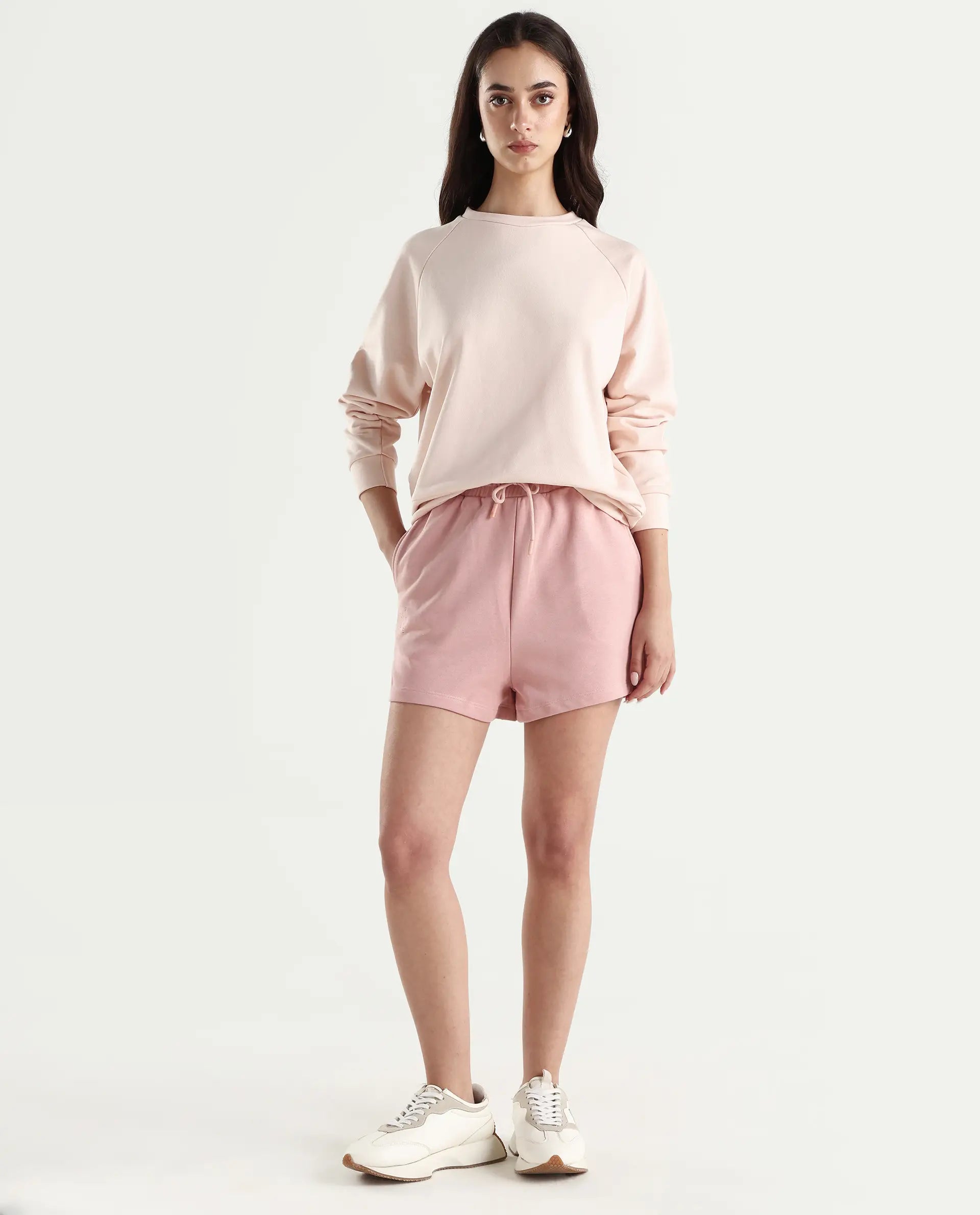 Rareism Women's Medium Weight Terry 290 Gsm Cotton Blend Crew Neck Plain Cuffed Sleeve Relaxed Fit Sweatshirt