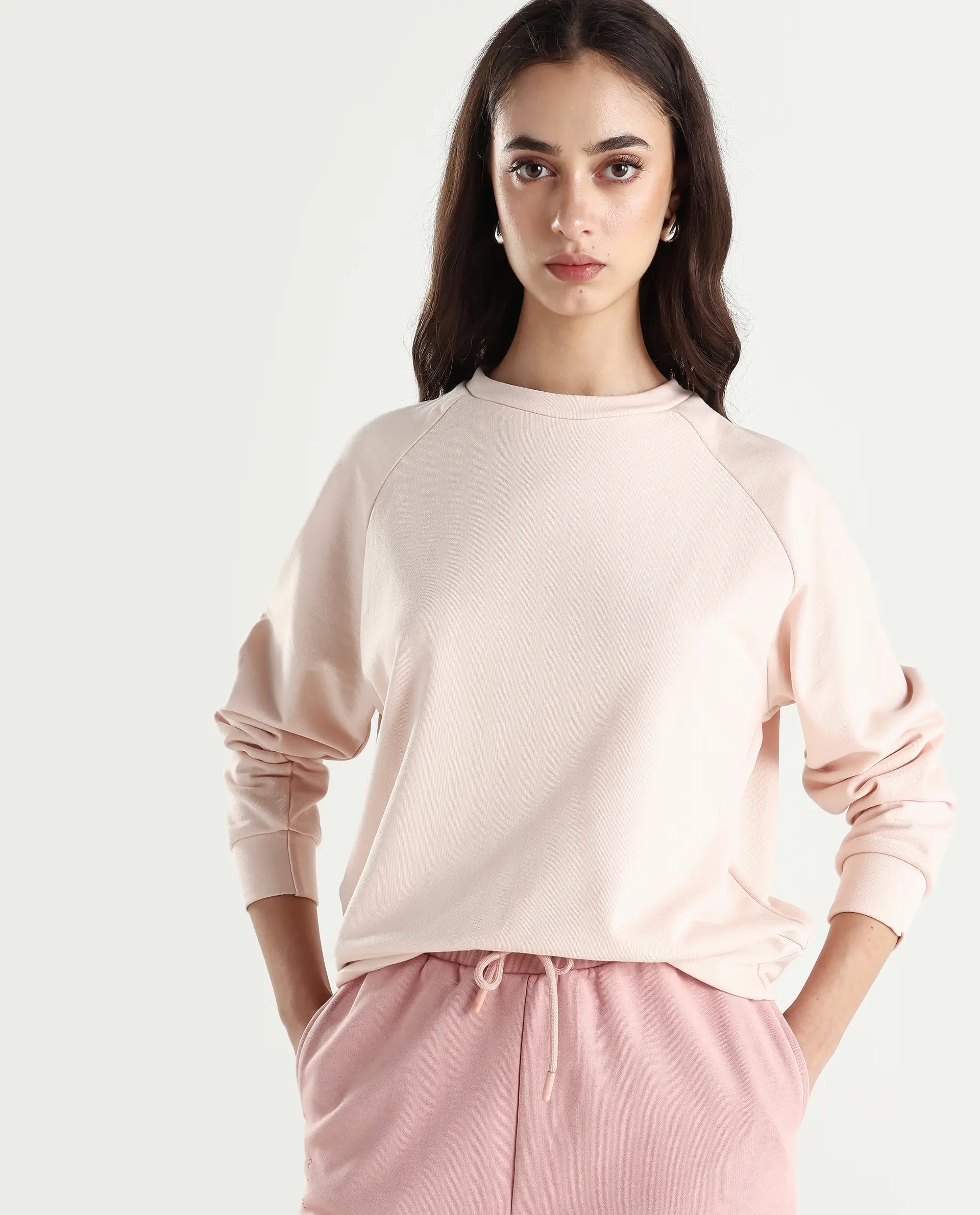 Rareism Women's Medium Weight Terry 290 Gsm Cotton Blend Crew Neck Plain Cuffed Sleeve Relaxed Fit Sweatshirt