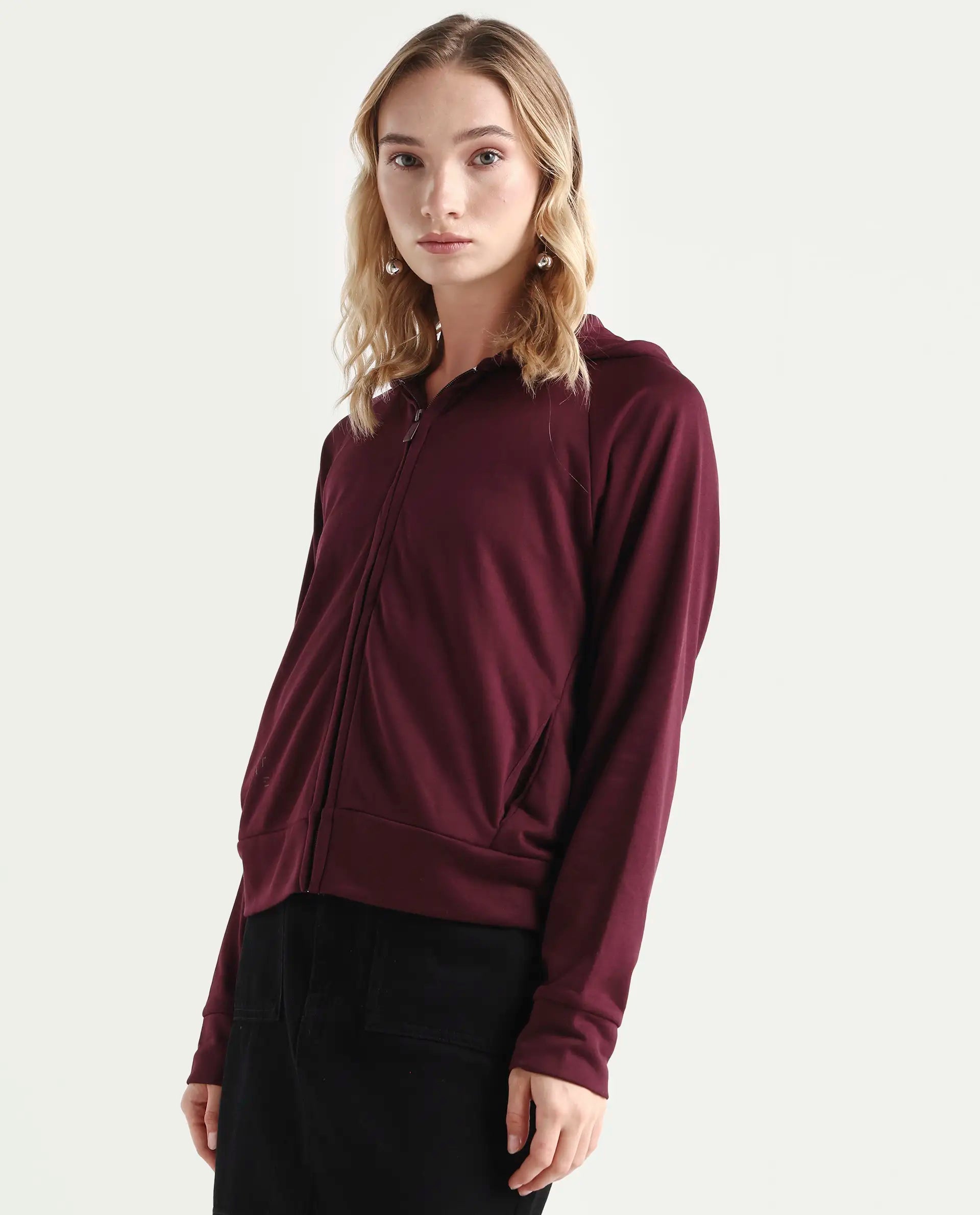 Rareism Women's Medium Weight Terry 290 Gsm Cotton Blend Hooded Plain Regular Fit Jacket