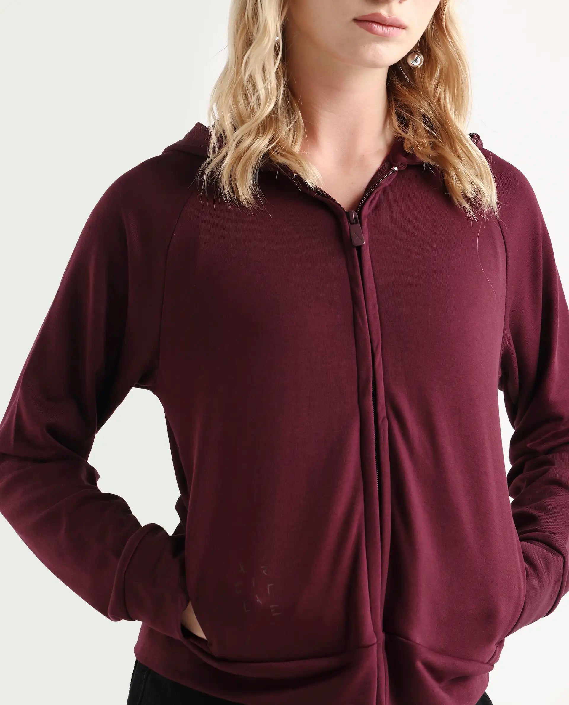 Rareism Women's Medium Weight Terry 290 Gsm Cotton Blend Hooded Plain Regular Fit Jacket