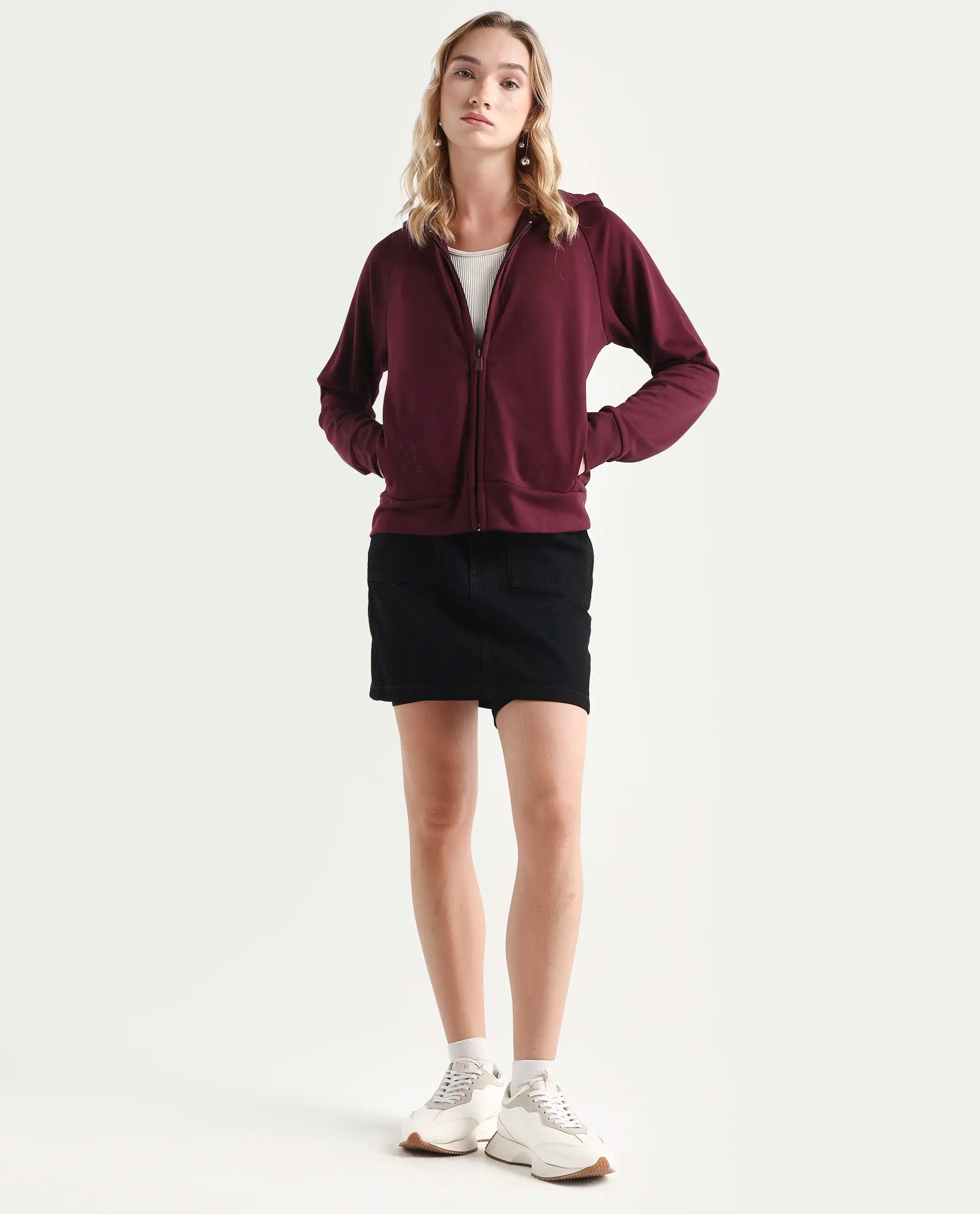 Rareism Women's Medium Weight Terry 290 Gsm Cotton Blend Hooded Plain Regular Fit Jacket