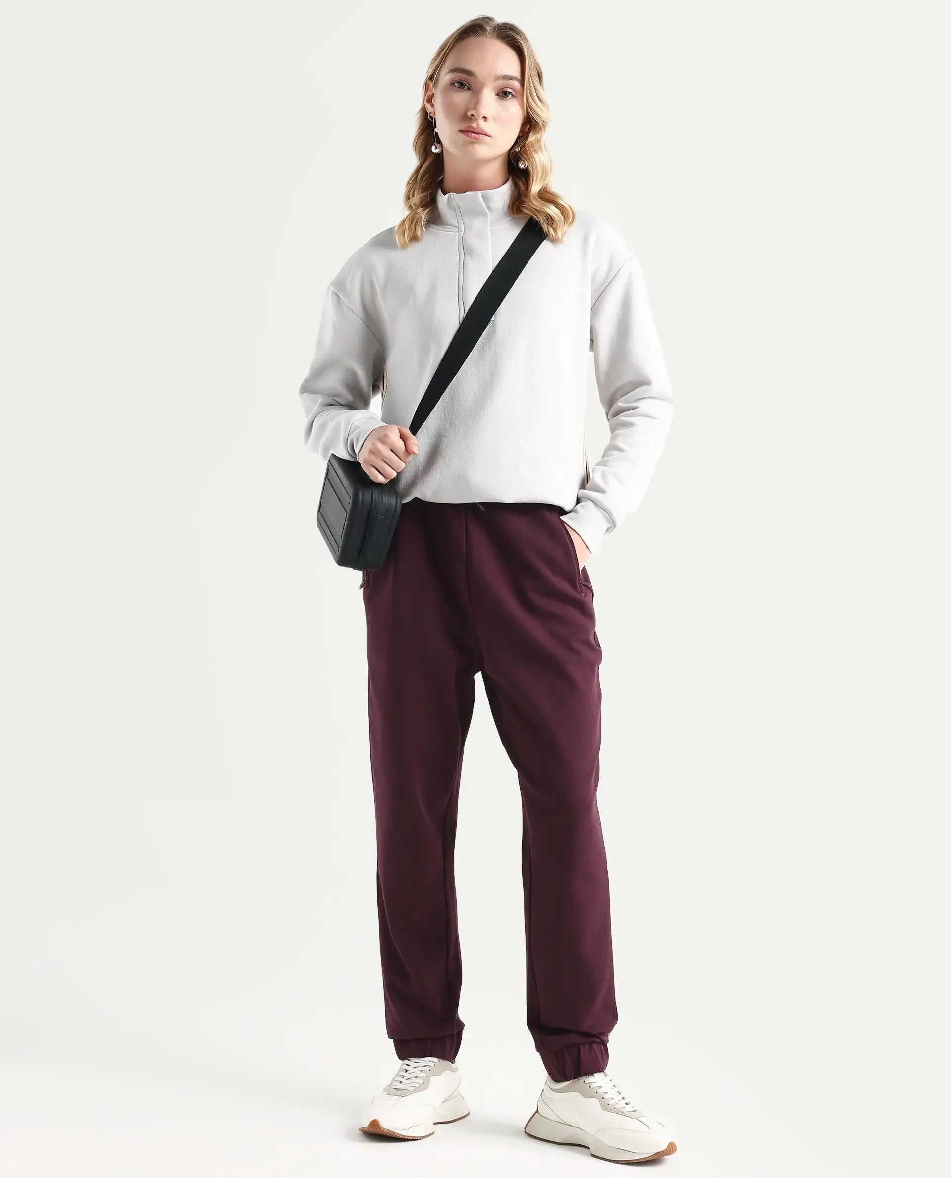 Rareism Women's Heavy Weight Interlock 340 Gsm Cotton Blend Plain Ankle Length Relaxed Fit Track Pant