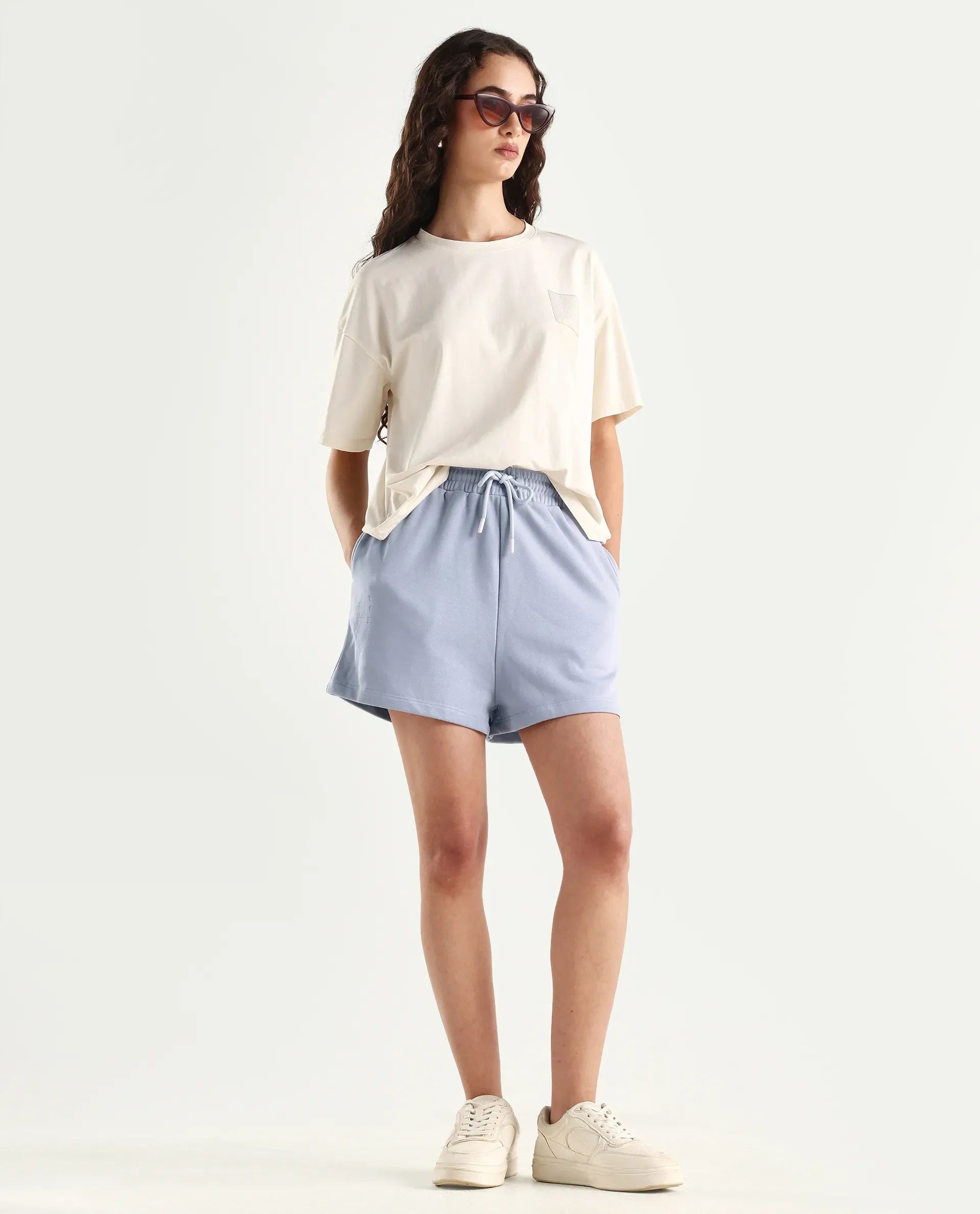 Rareism Women's Medium Weight Terry 290 Gsm Cotton Blend Plain Mini Relaxed Fit Shorts
