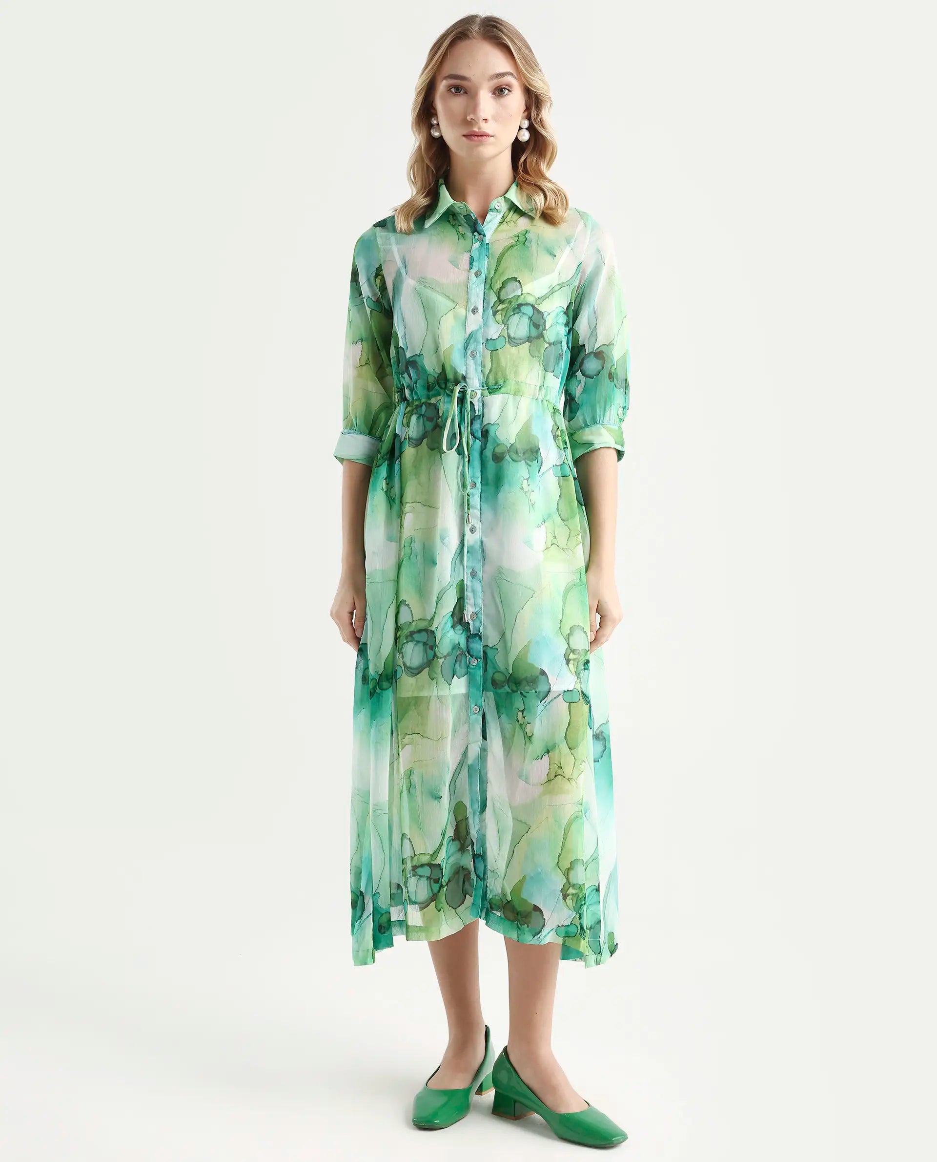 Rareism Women's Jamaica Green Sweetheart Neck Floral Print Knee Length Regular Fit Dress