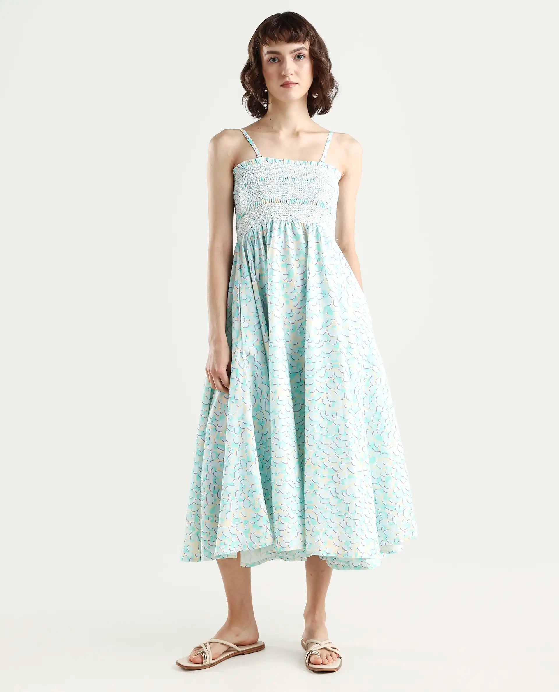 Rareism Women Toki Purple Dress Cotton Satin Fabric Sleeveless Printed