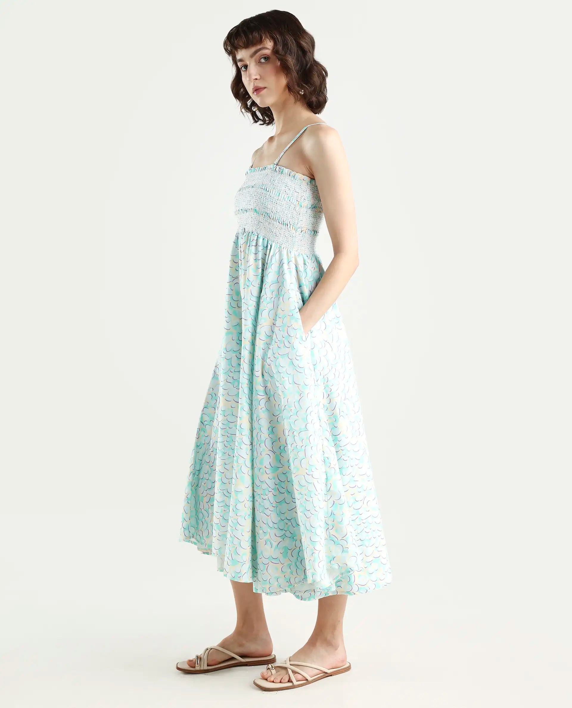 Rareism Women Toki Purple Dress Cotton Satin Fabric Sleeveless Printed