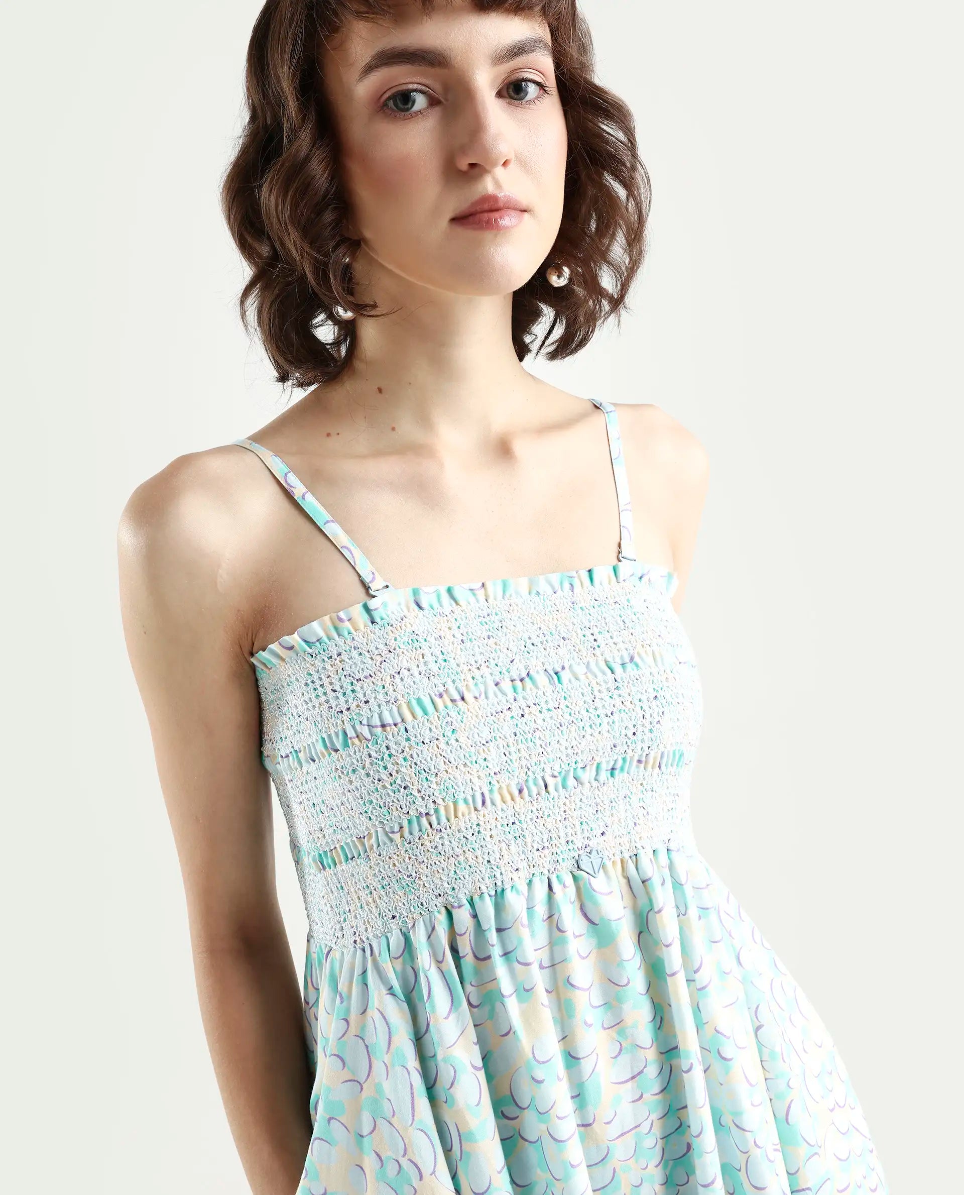 Rareism Women Toki Purple Dress Cotton Satin Fabric Sleeveless Printed