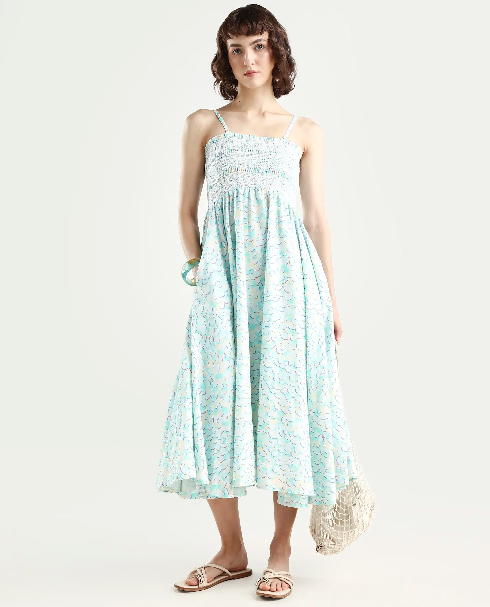 Rareism Women Toki Purple Dress Cotton Satin Fabric Sleeveless Printed