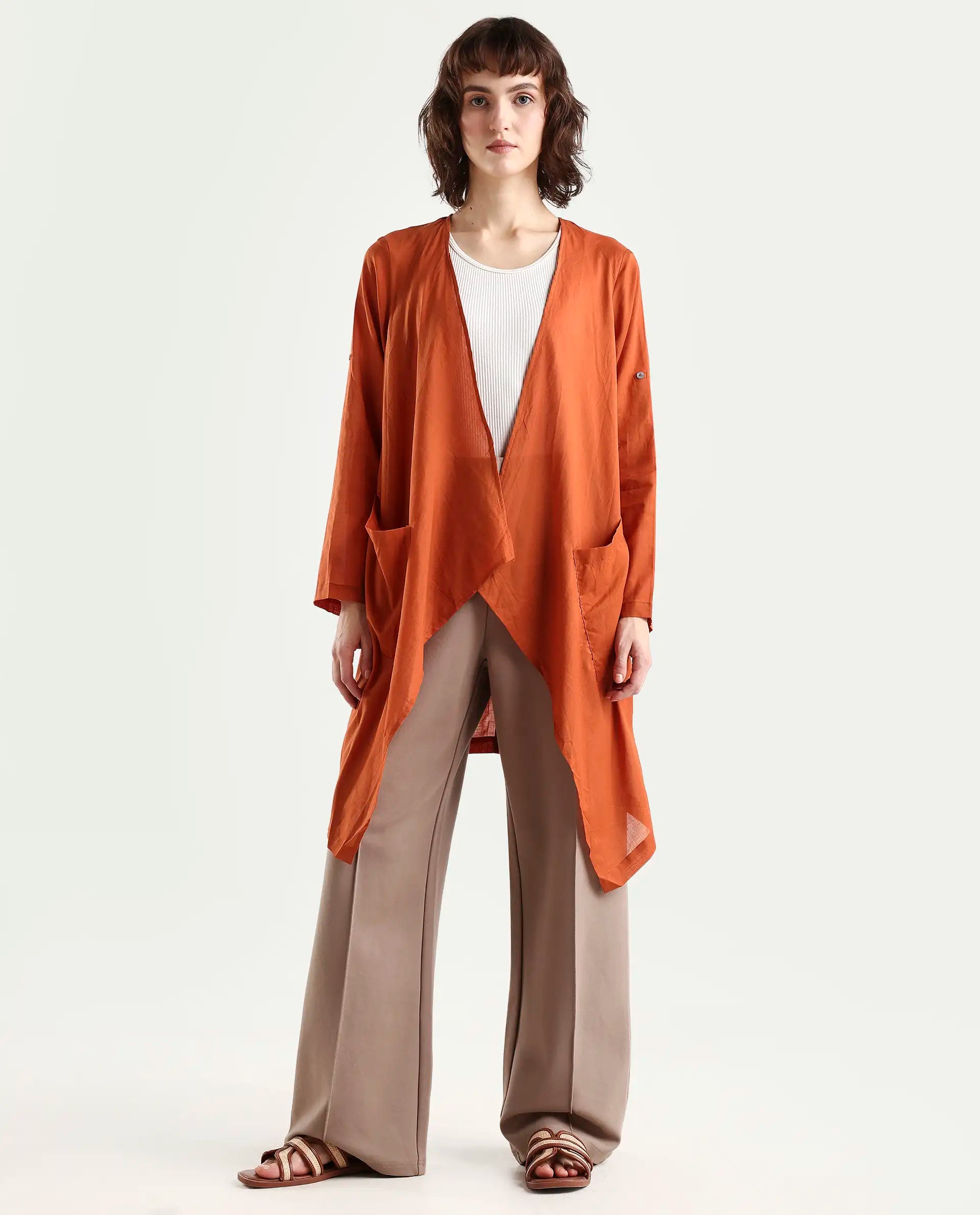 Rareism Women's Gazer Brown Cotton Collarless Regular Fit Outer Wear