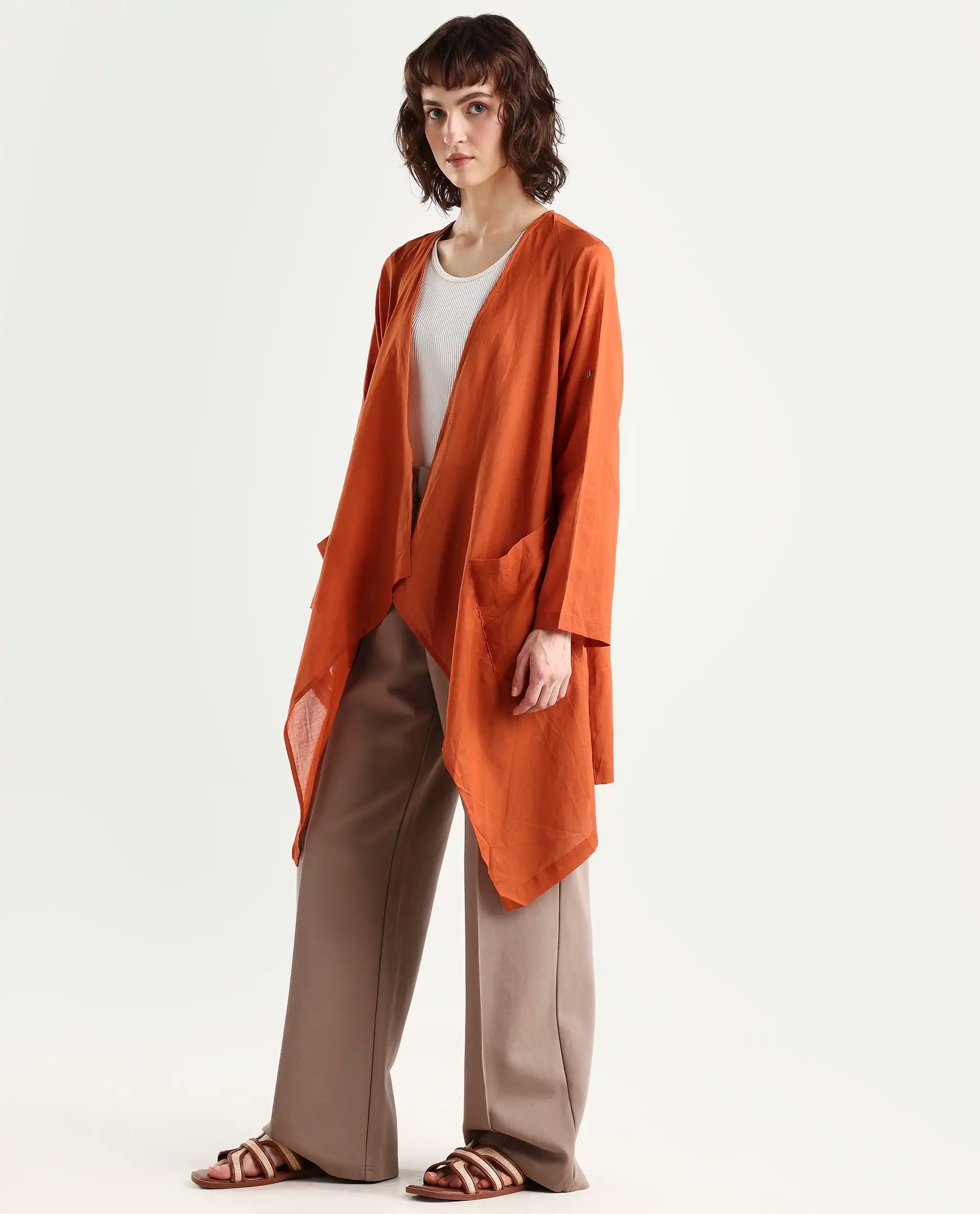 Rareism Women's Gazer Brown Cotton Collarless Regular Fit Outer Wear