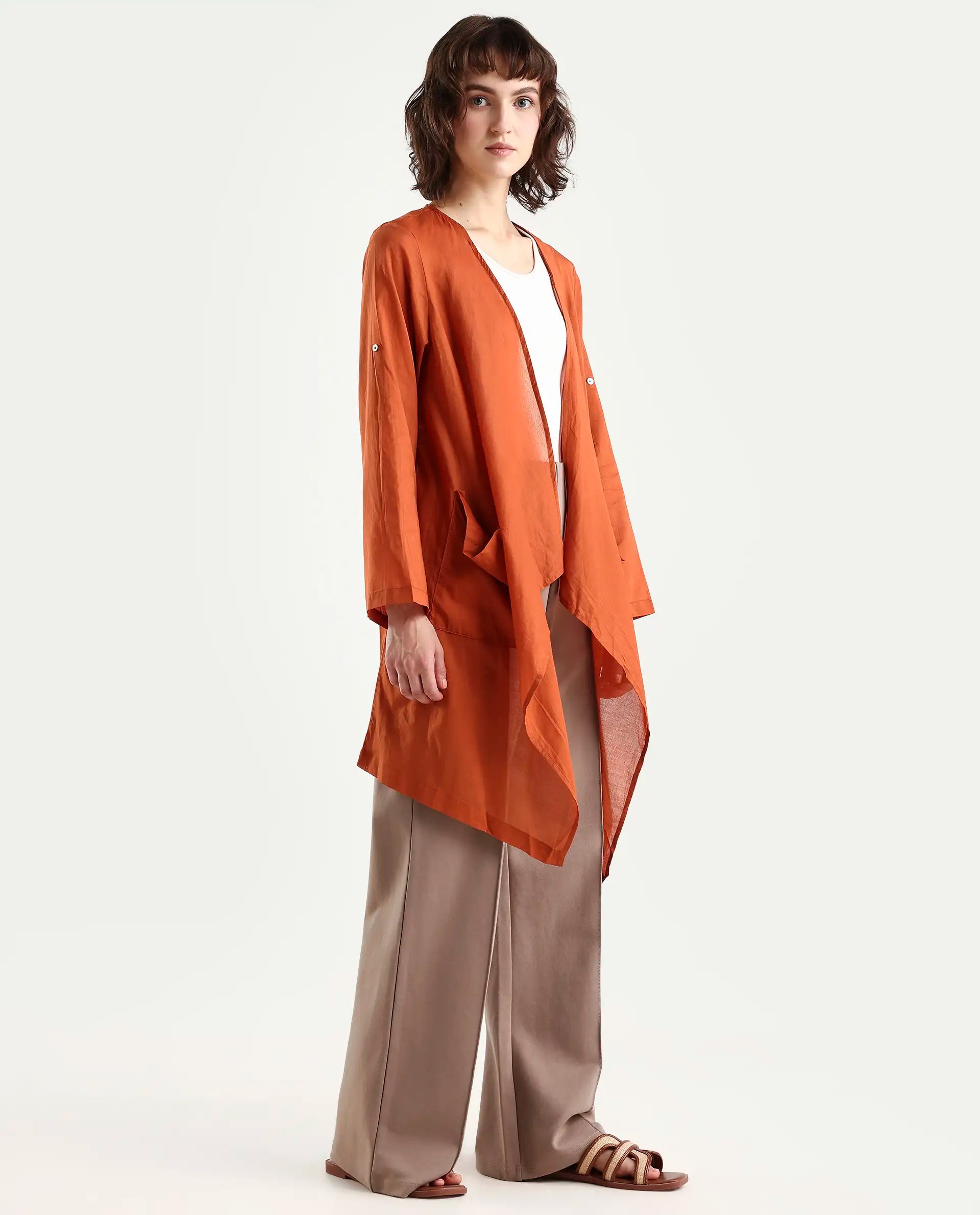 Rareism Women's Gazer Brown Cotton Collarless Regular Fit Outer Wear