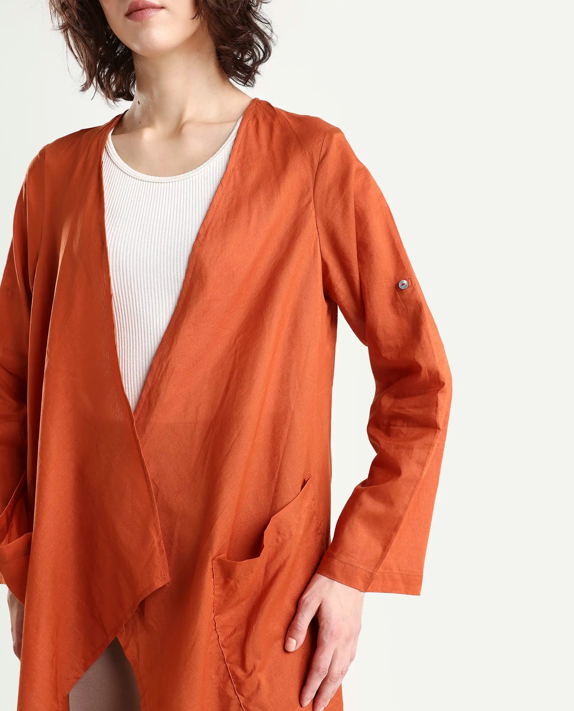 Rareism Women's Gazer Brown Cotton Collarless Regular Fit Outer Wear