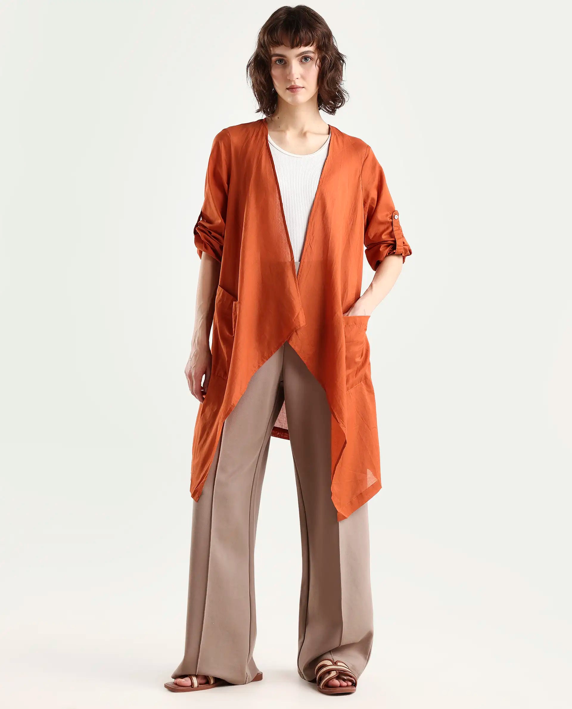 Rareism Women's Gazer Brown Cotton Collarless Regular Fit Outer Wear