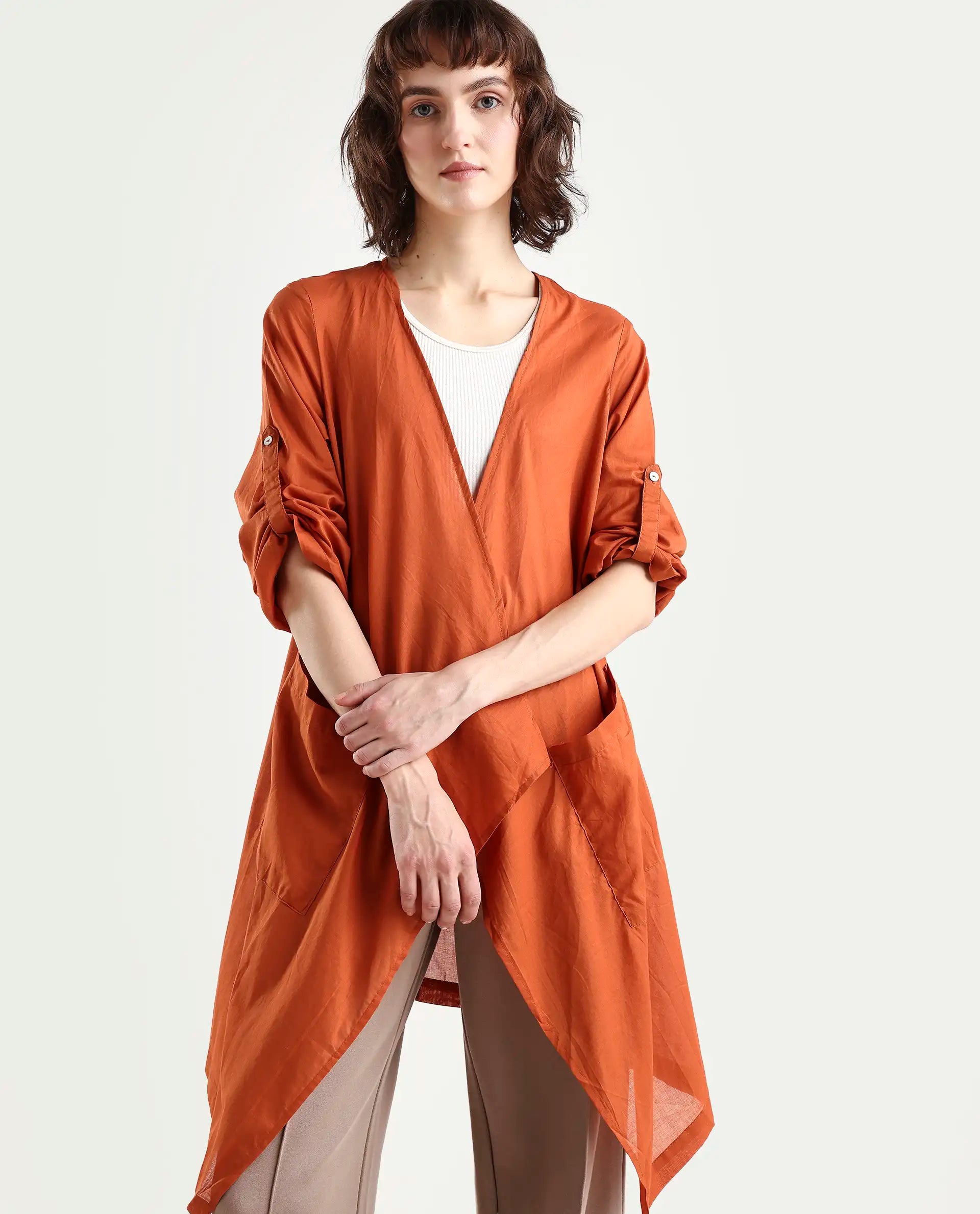 Rareism Women's Gazer Brown Cotton Collarless Regular Fit Outer Wear