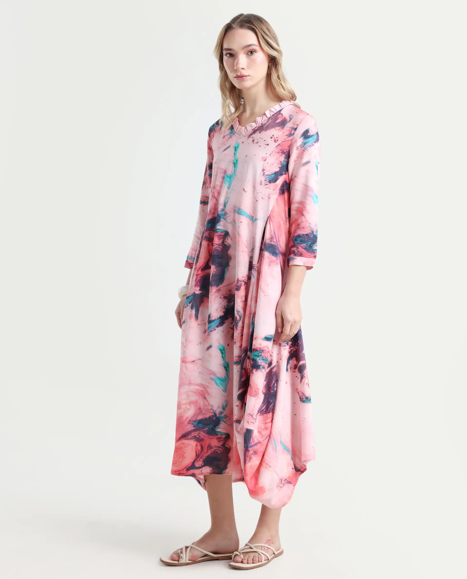 Rareism Women's Park Multi Viscose V-Neck Abstract Print Knee Length Regular Fit Dress