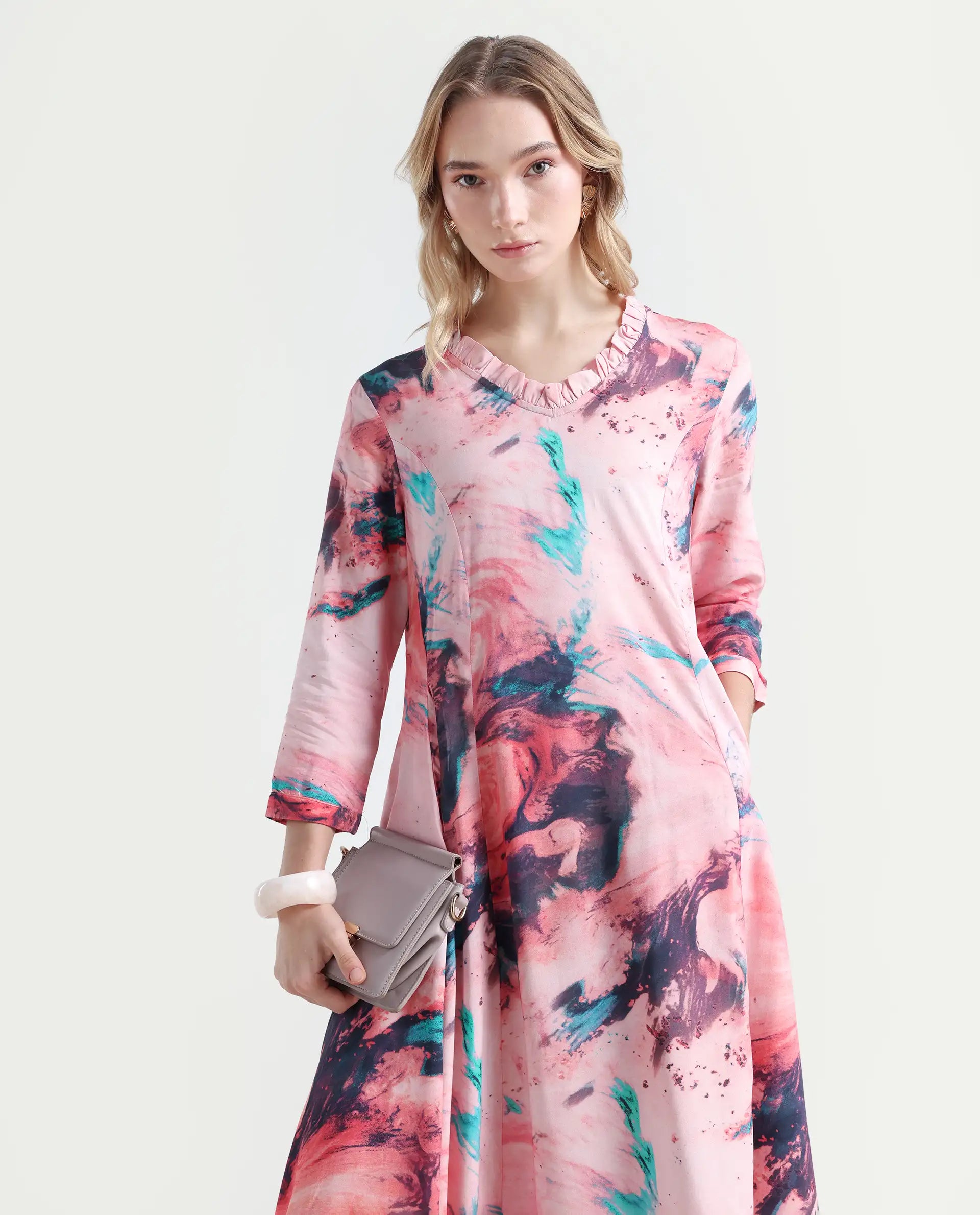 Rareism Women's Park Multi Viscose V-Neck Abstract Print Knee Length Regular Fit Dress