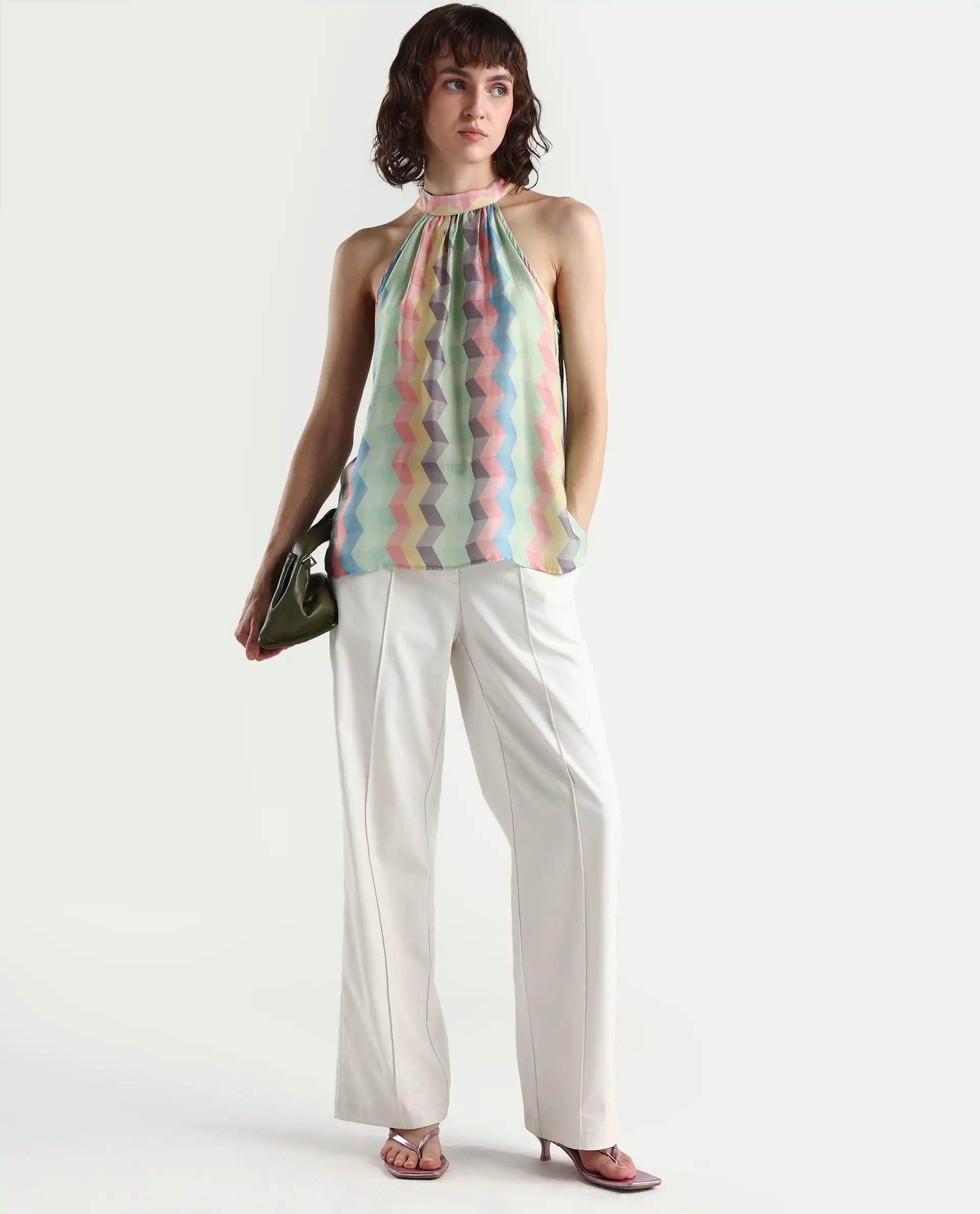 Rareism Women's Hamper Multi Halter Neck Geometric Print Sleeveless Knee Length Tailored Top