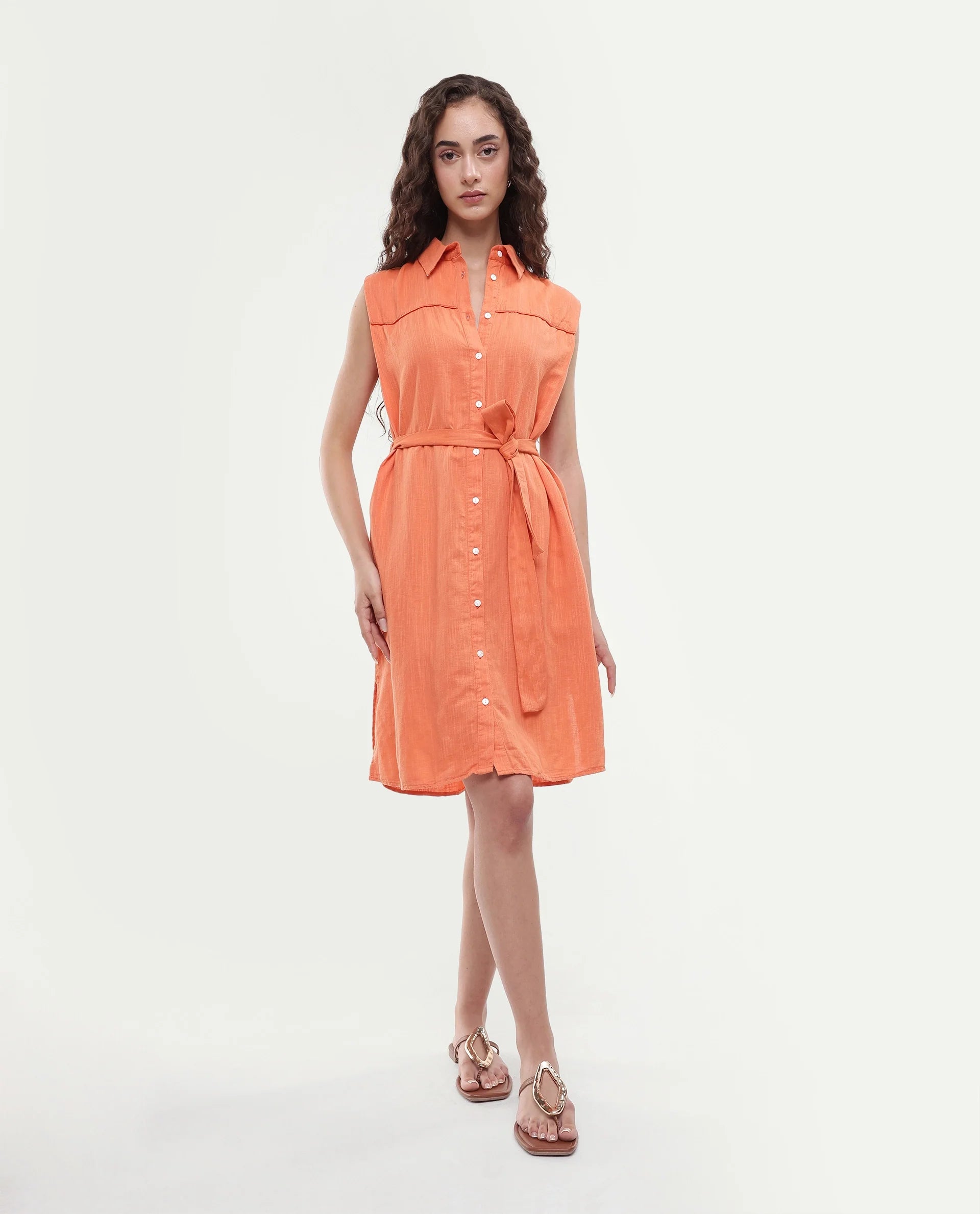 Rareism Women's Zolaa Orange Linen Spread Collar Plain Sleeveless Mini Regular Fit Dress