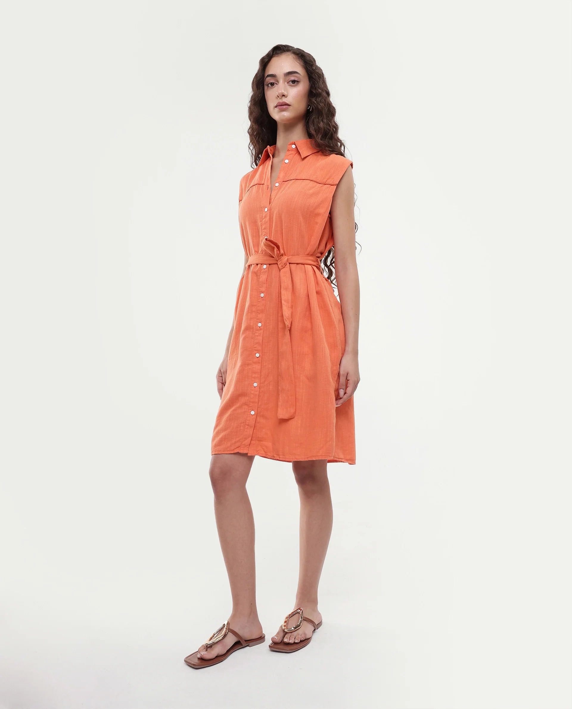 Rareism Women's Zolaa Orange Linen Spread Collar Plain Sleeveless Mini Regular Fit Dress