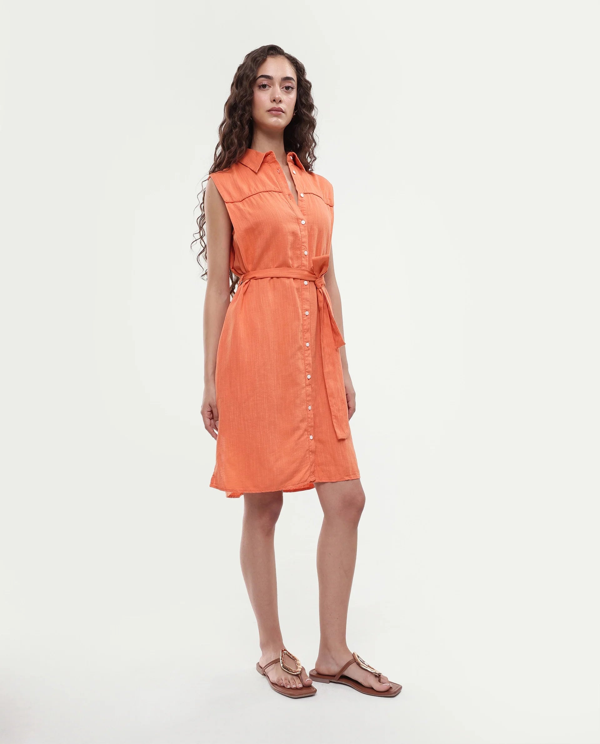 Rareism Women's Zolaa Orange Linen Spread Collar Plain Sleeveless Mini Regular Fit Dress