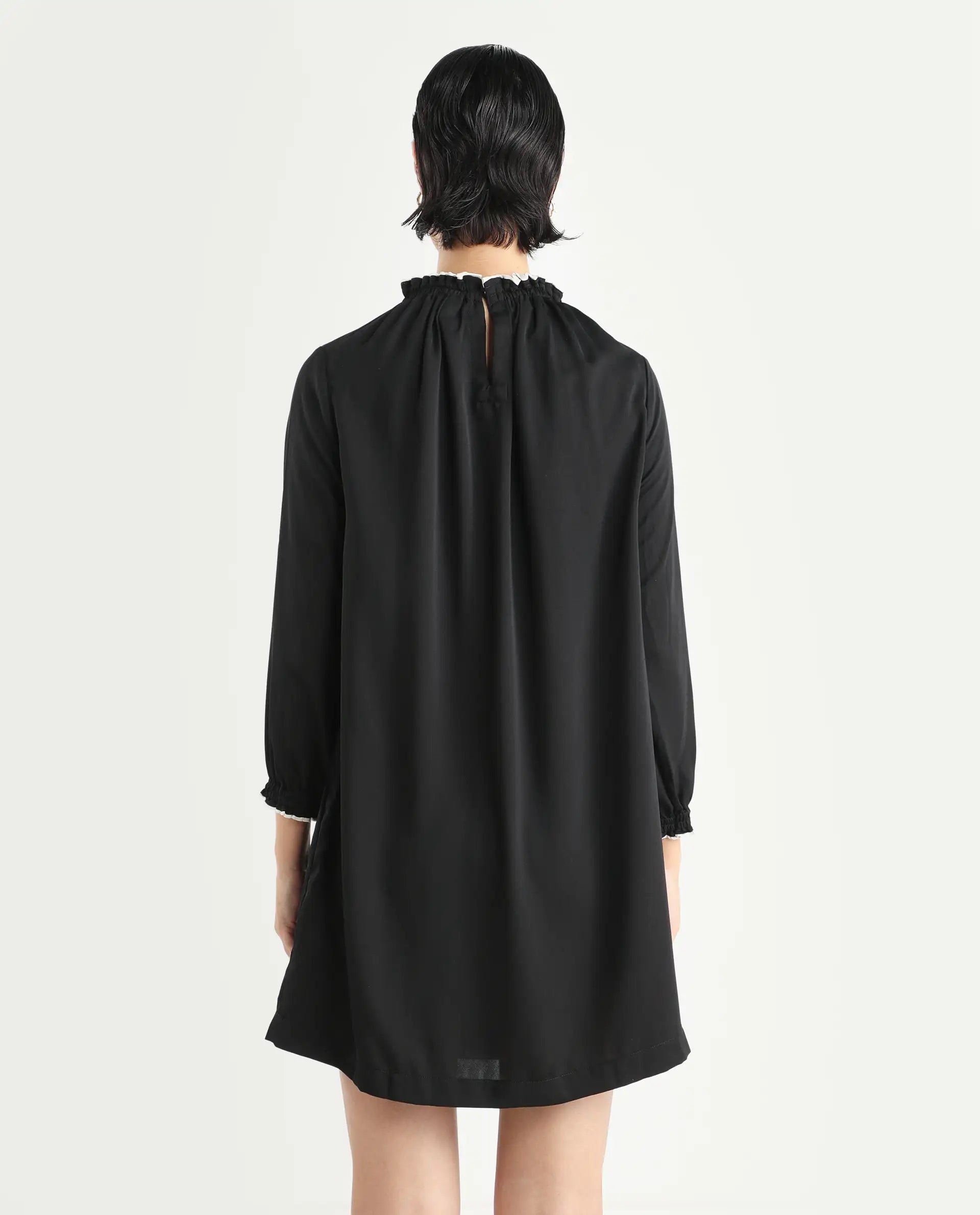 Rareism Women's Spoke Black Polyester Crew Neck Plain Knee Length Relaxed Fit Dress