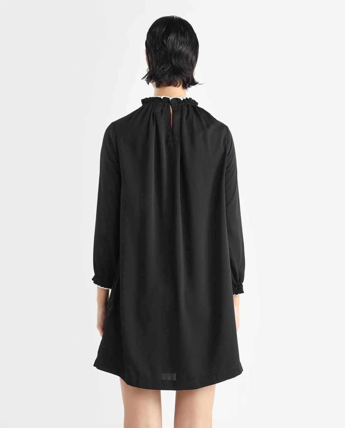 Rareism Women's Spoke Black Polyester Crew Neck Plain Knee Length Relaxed Fit Dress