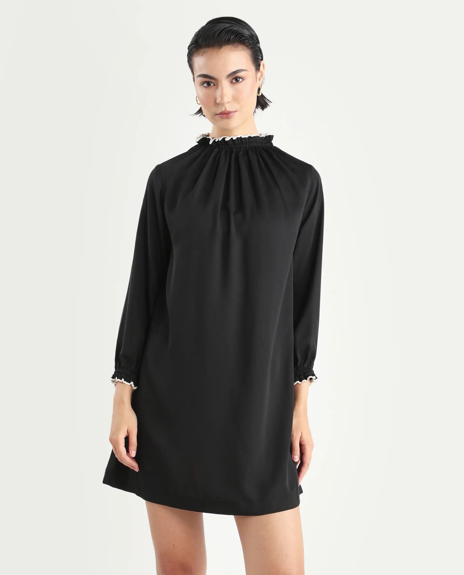 Rareism Women's Spoke Black Polyester Crew Neck Plain Knee Length Relaxed Fit Dress