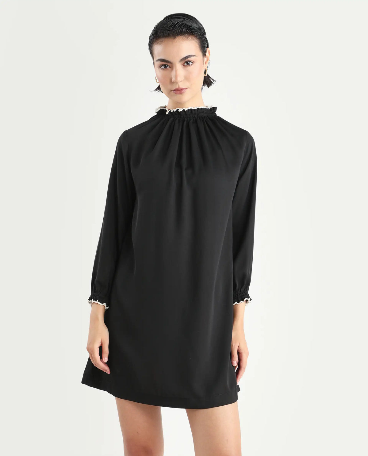 Rareism Women's Spoke Black Polyester Crew Neck Plain Knee Length Relaxed Fit Dress