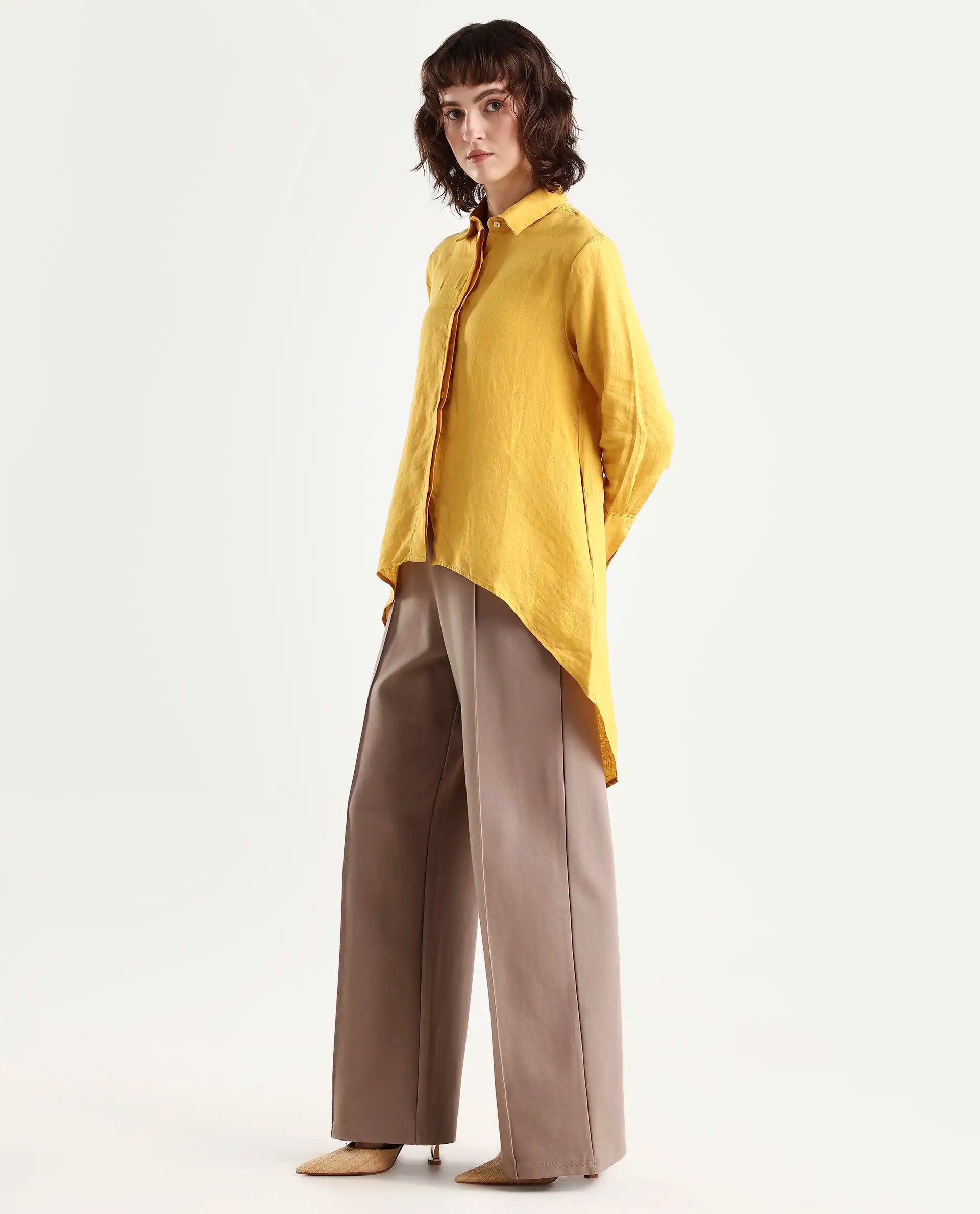 Rareism Women's Comfo Yellow Linen Spread Collar Plain Relaxed Fit Top