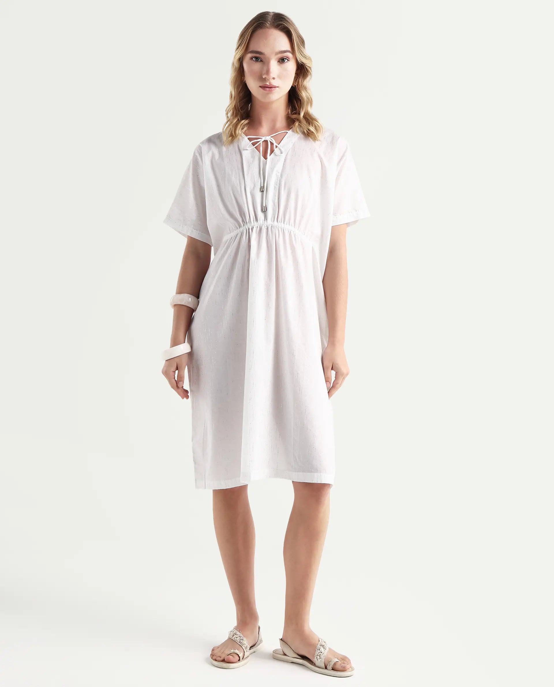 Rareism Women's Shawn White Cotton Tie-Up Neck Plain Extended Sleeves Knee Length Relaxed Fit Dress