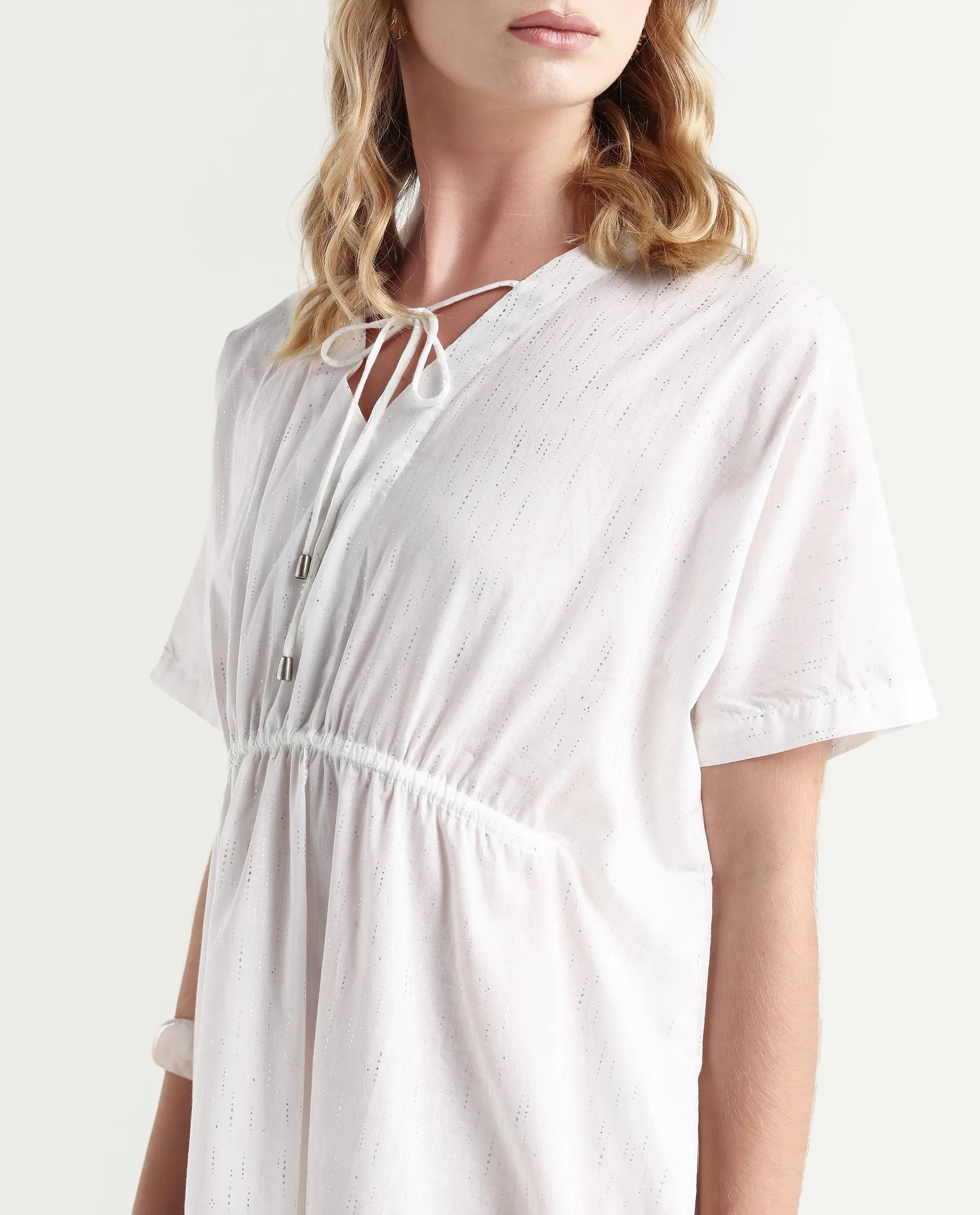 Rareism Women's Shawn White Cotton Tie-Up Neck Plain Extended Sleeves Knee Length Relaxed Fit Dress