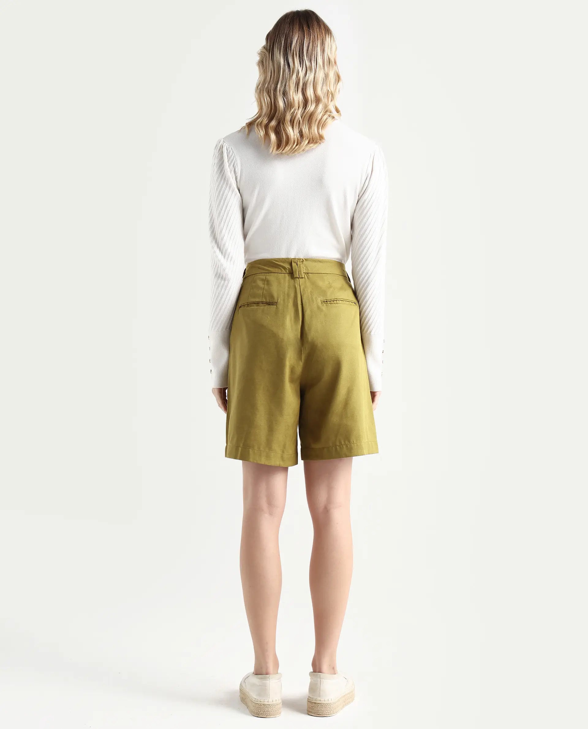 Rareism Women's Lamar Olive Cotton Plain Mini Relaxed Fit Shorts