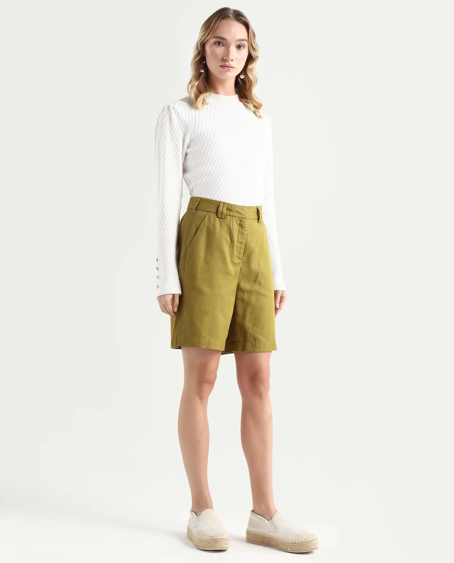 Rareism Women's Lamar Olive Cotton Plain Mini Relaxed Fit Shorts
