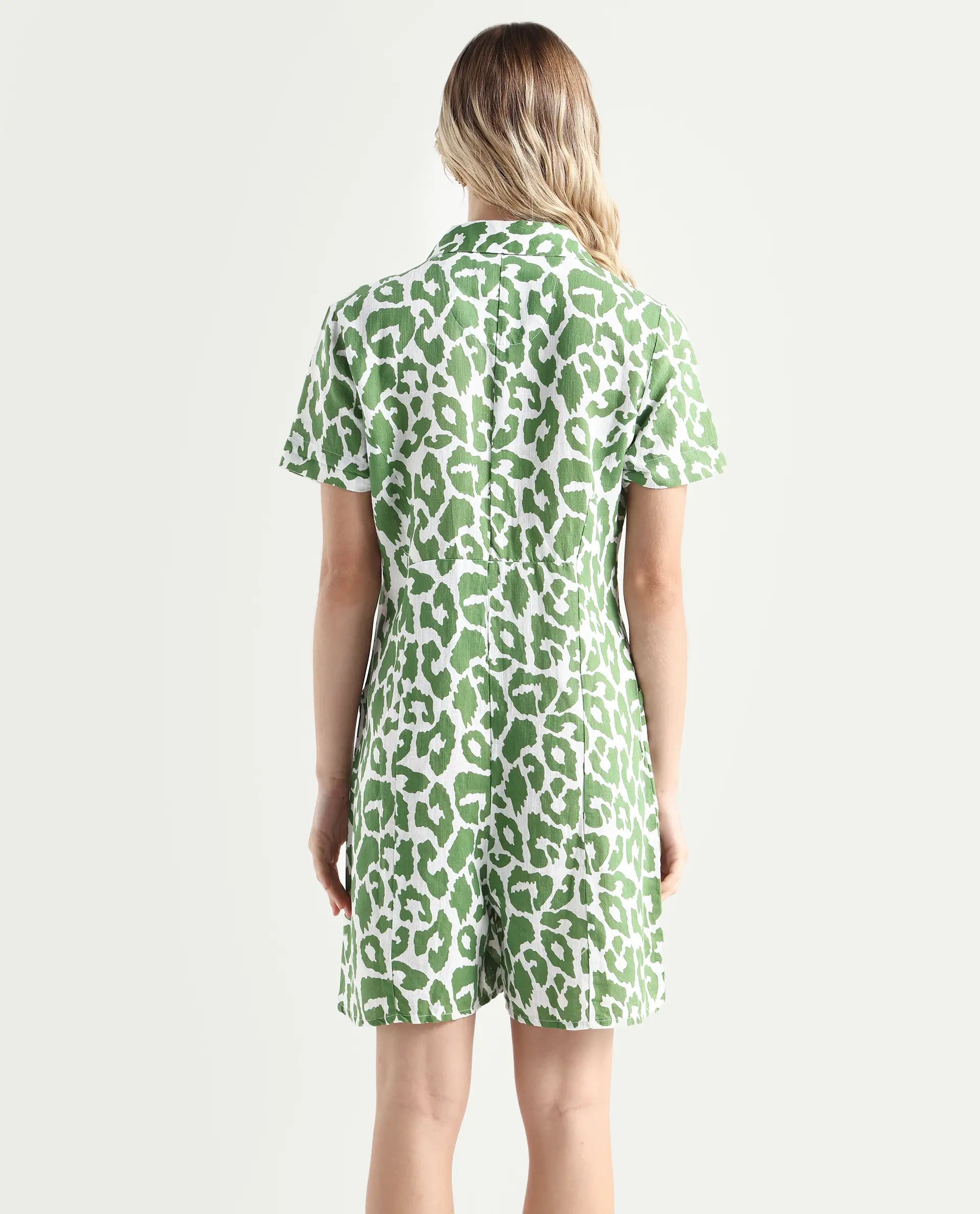 Rareism Women's Cleve White Linen Lapel Neck Abstract Print Relaxed Fit Playsuit