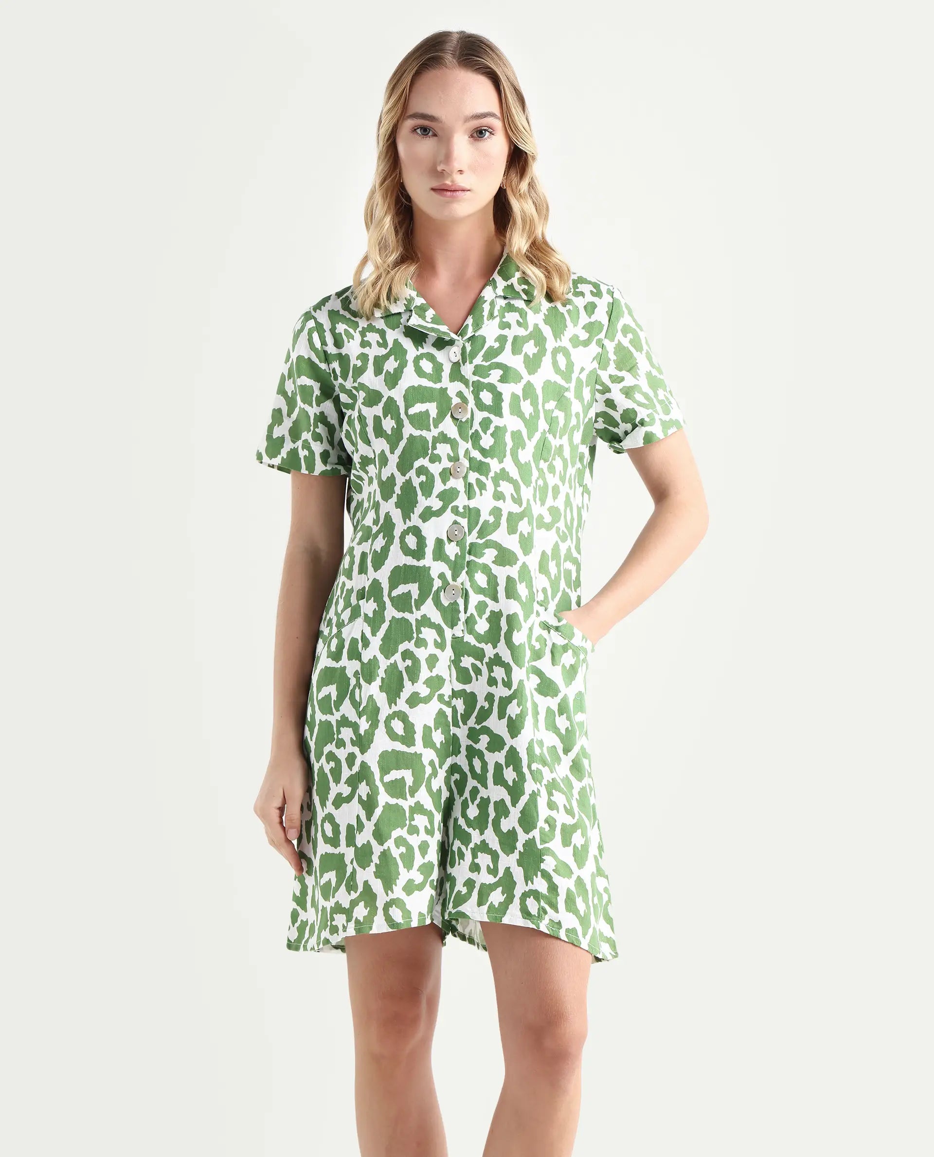 Rareism Women's Cleve White Linen Lapel Neck Abstract Print Relaxed Fit Playsuit