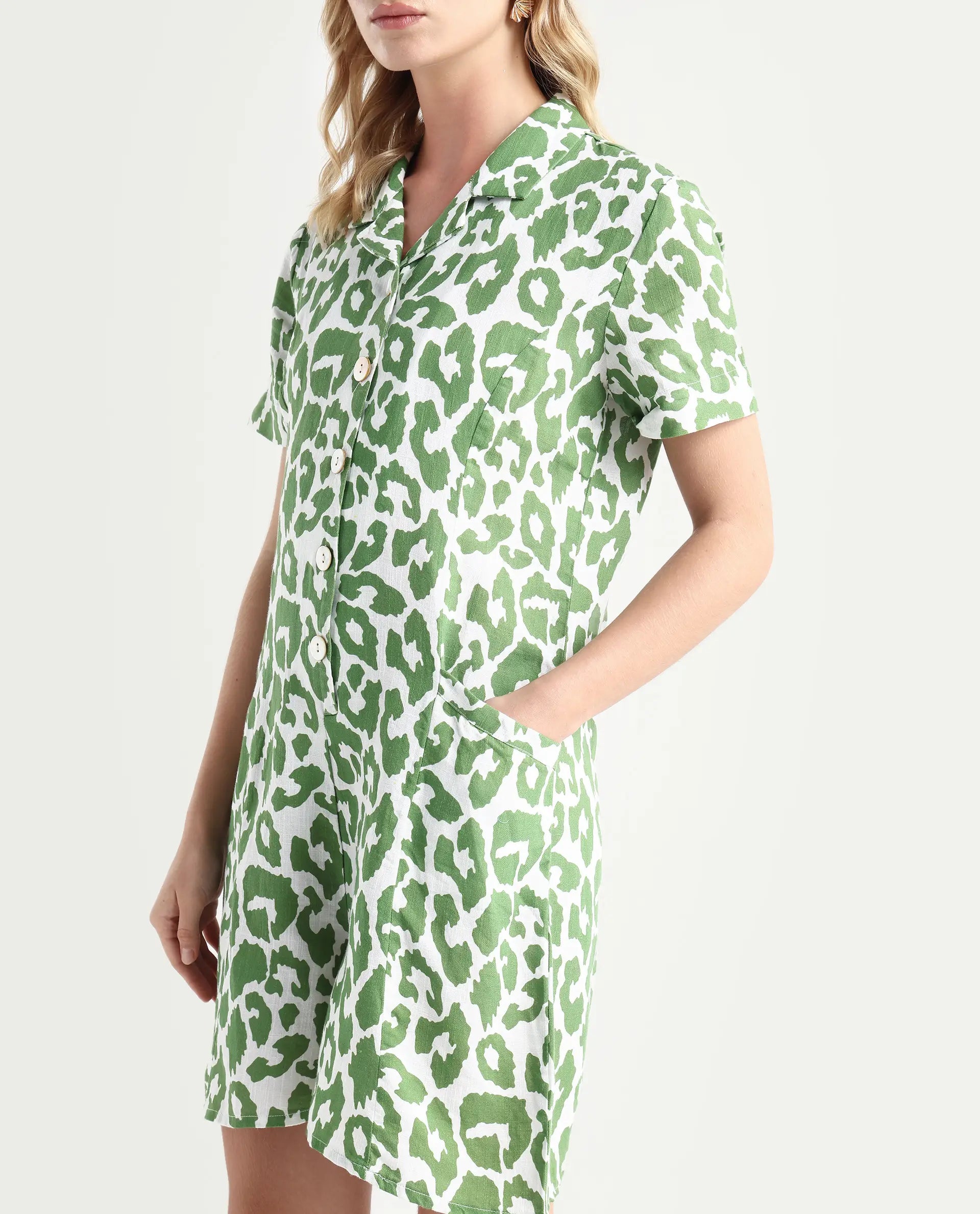 Rareism Women's Cleve White Linen Lapel Neck Abstract Print Relaxed Fit Playsuit