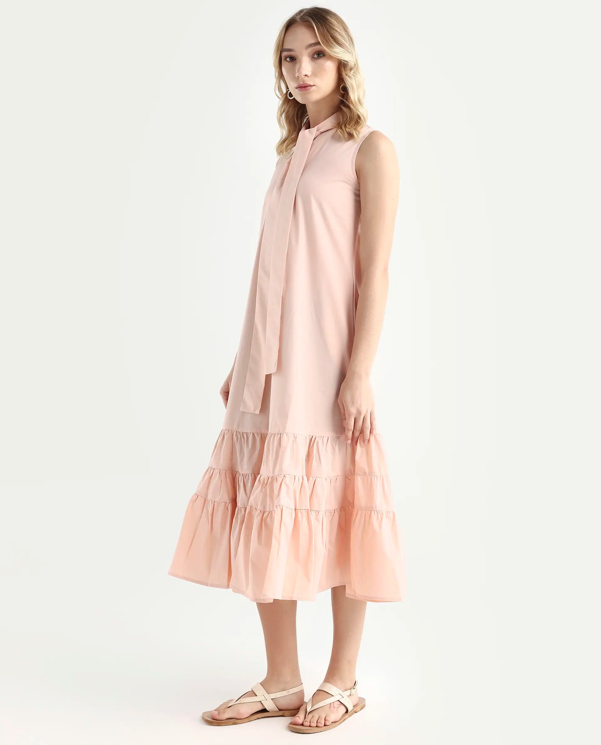 Rareism Women's Gino Peach Polyester Blend Tie-Up Neck Plain Sleeveless Knee Length Regular Fit Dress