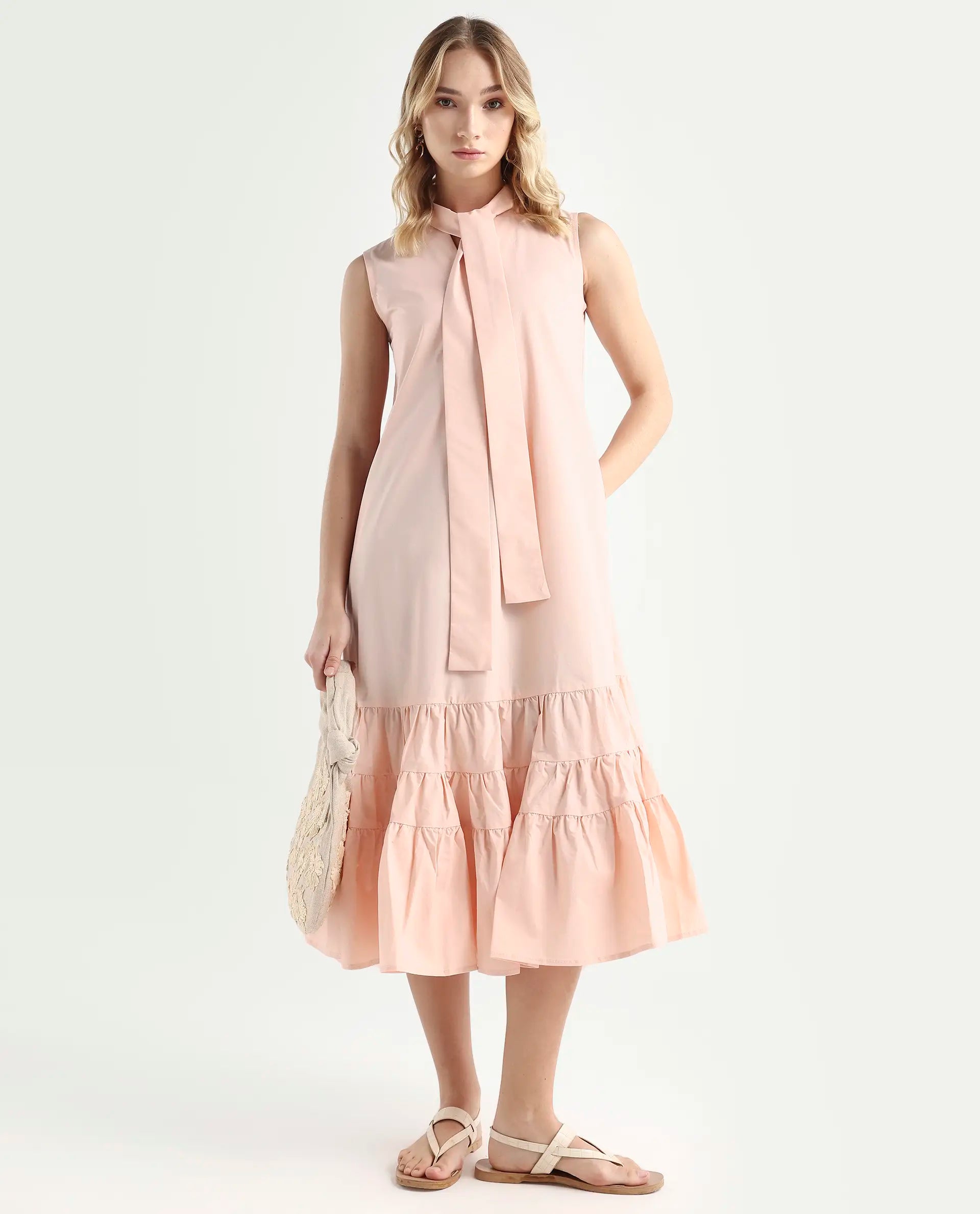 Rareism Women's Gino Peach Polyester Blend Tie-Up Neck Plain Sleeveless Knee Length Regular Fit Dress