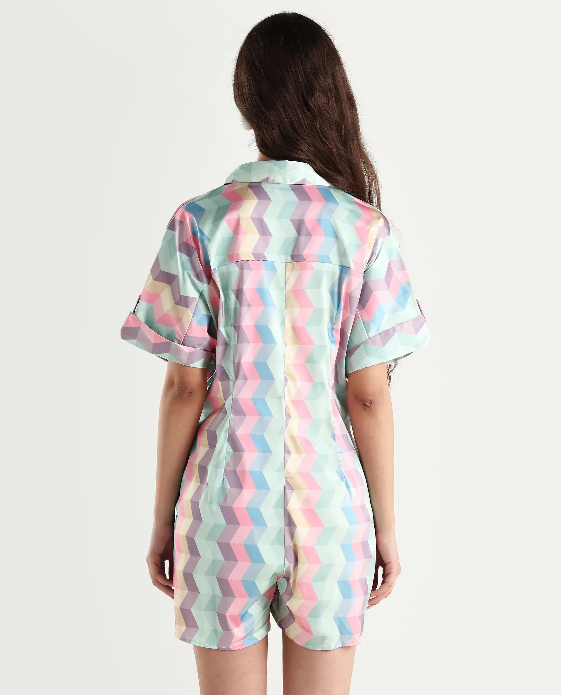 Rareism Women's Pamesan Multi Modal Spread Collar Geometric Print Regular Fit Playsuit