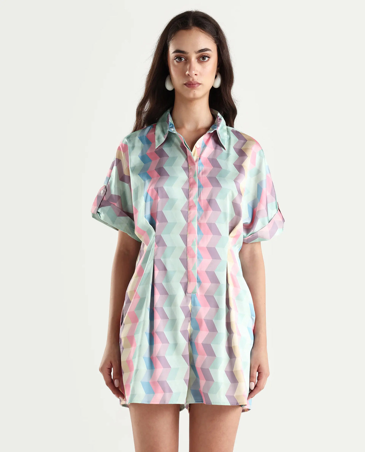 Rareism Women's Pamesan Multi Modal Spread Collar Geometric Print Regular Fit Playsuit