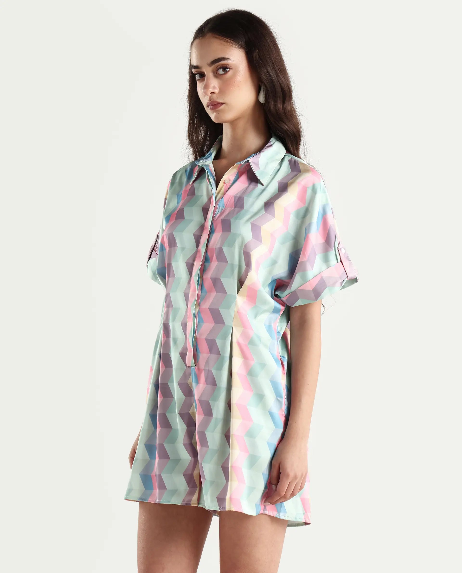 Rareism Women's Pamesan Multi Modal Spread Collar Geometric Print Regular Fit Playsuit