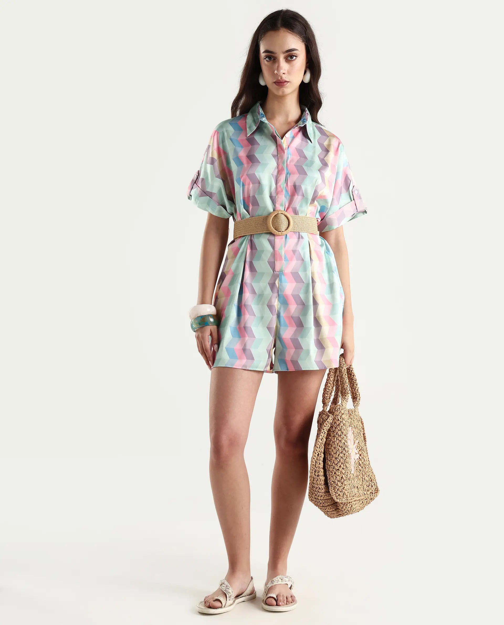 Rareism Women's Pamesan Multi Modal Spread Collar Geometric Print Regular Fit Playsuit