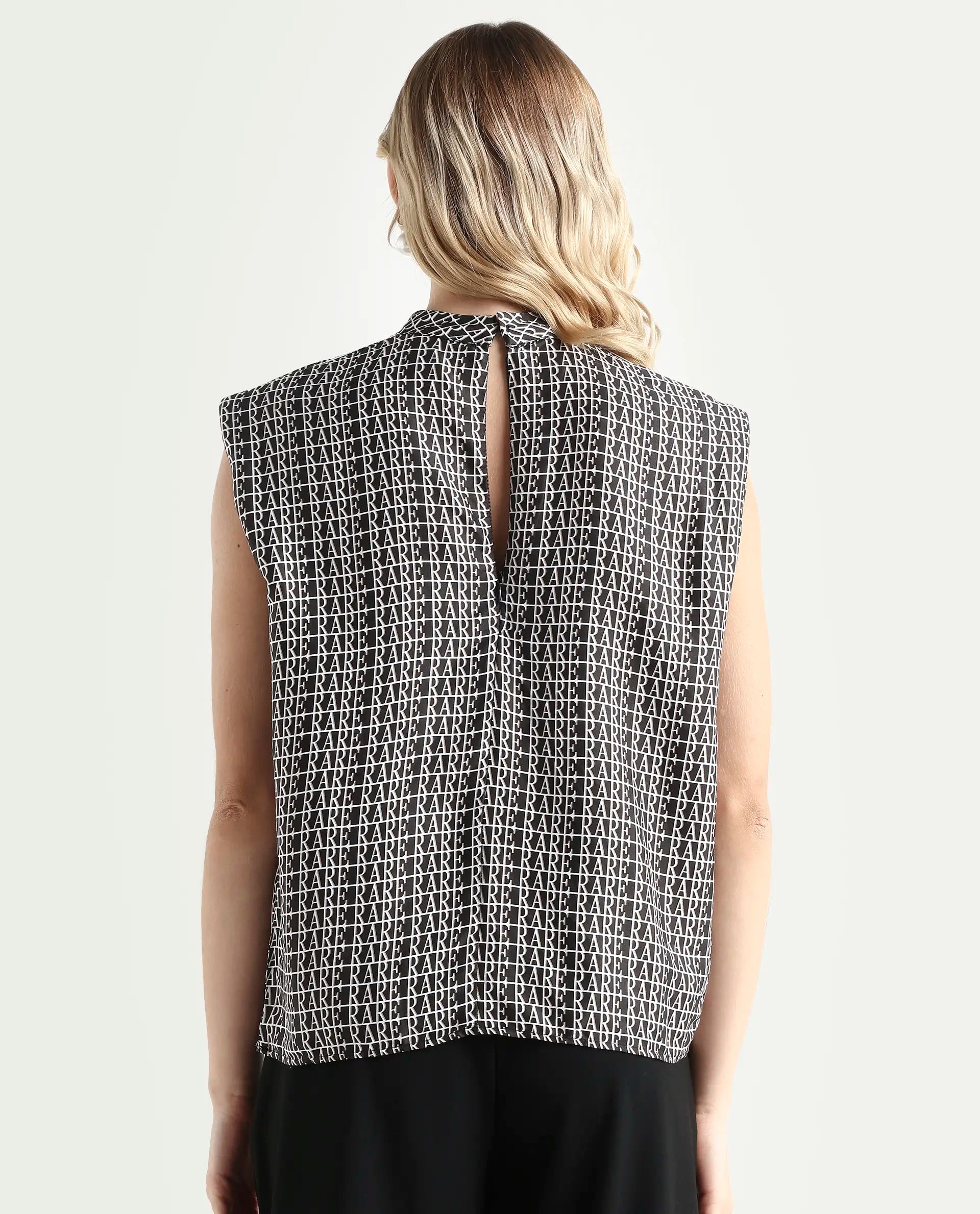 Rareism Women's Remont Black High Neck Printed Knee Length Regular Fit Top