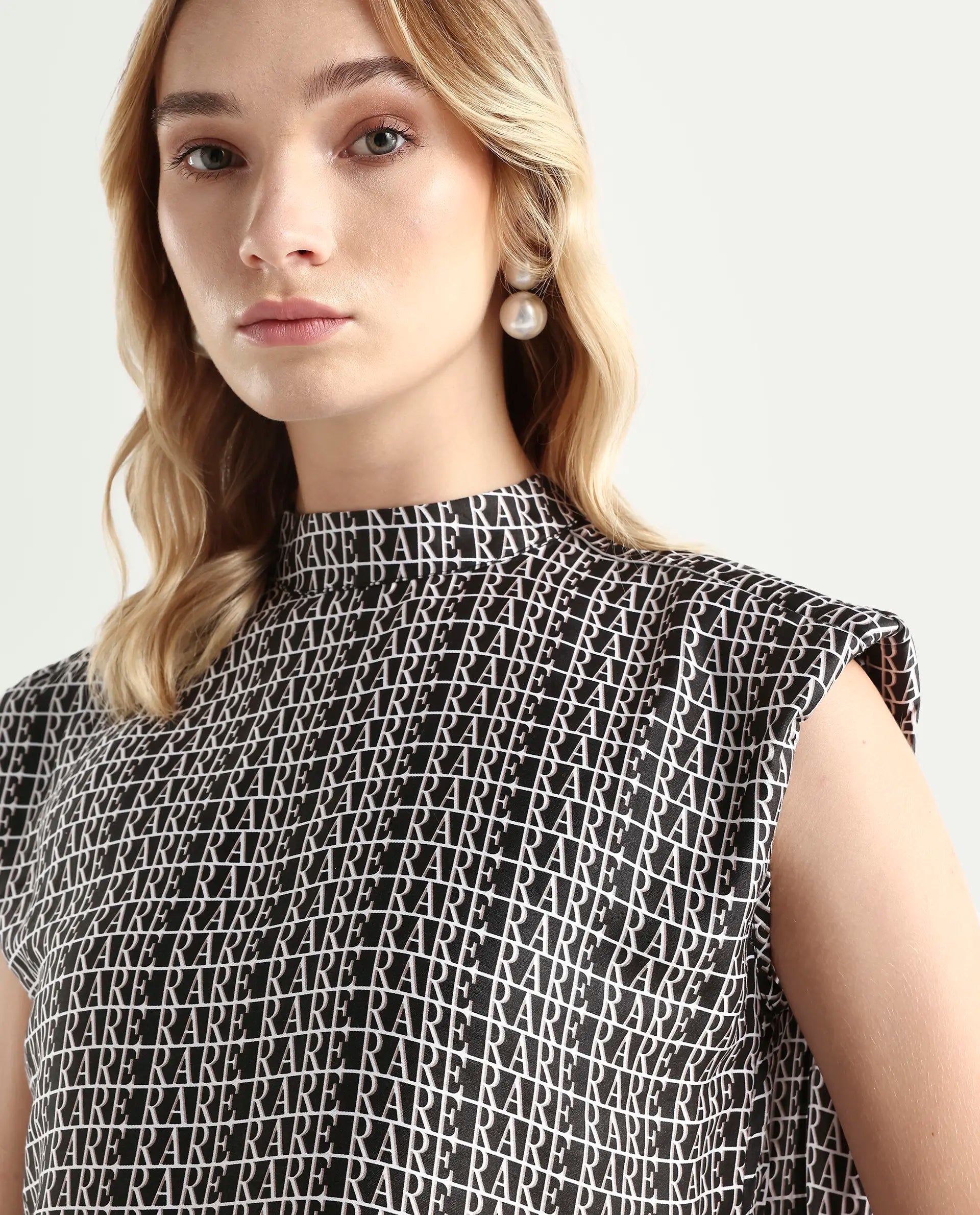 Rareism Women's Remont Black High Neck Printed Knee Length Regular Fit Top