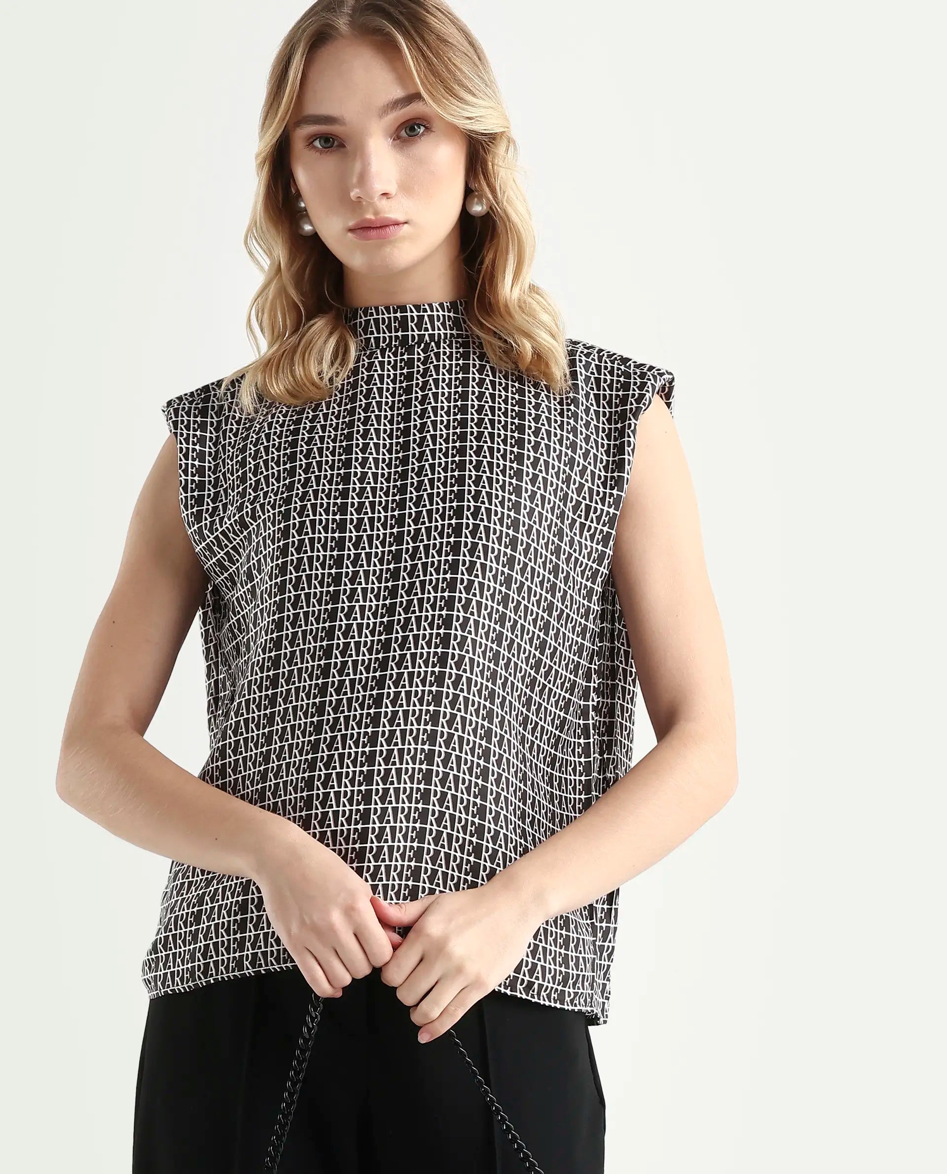 Rareism Women's Remont Black High Neck Printed Knee Length Regular Fit Top